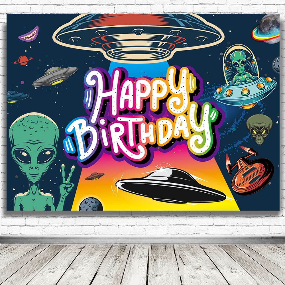 Funny UFO Happy Birthday Decorations Backdrop - Outer Space Alien UFO Theme Party Supplies (73'' x 50'') for UFO Lovers, Sci-Fi Birthday Party Decor, Wall Banner & Photo Booth Background