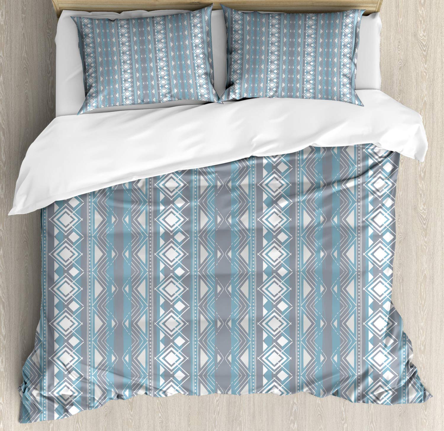 Ambesonne Tribal Duvet Cover Set King Size - Moroccan Geometric Border with Dots & Triangles Design - 3 Piece Bedding Set Includes Duvet Cover & 2 Pillow Shams - White Pale Blue & Grey - Perfect for Bohemian & Eclectic Bedroom Decor