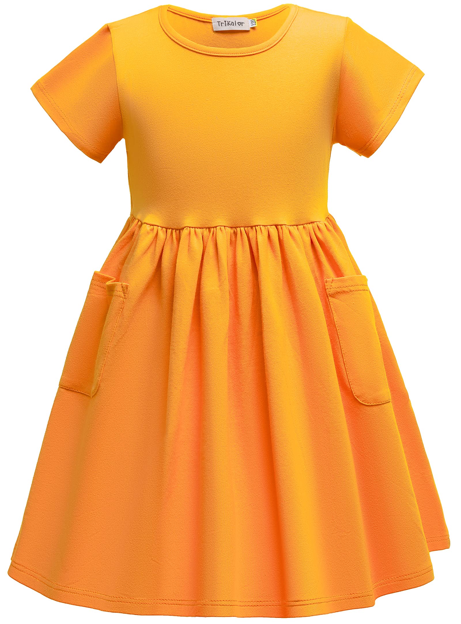 Girls Casual Short Sleeve A-Line Pleated Dress with Pockets - Solid Color Summer Dress for Kids, Playdates, School & Birthday Parties