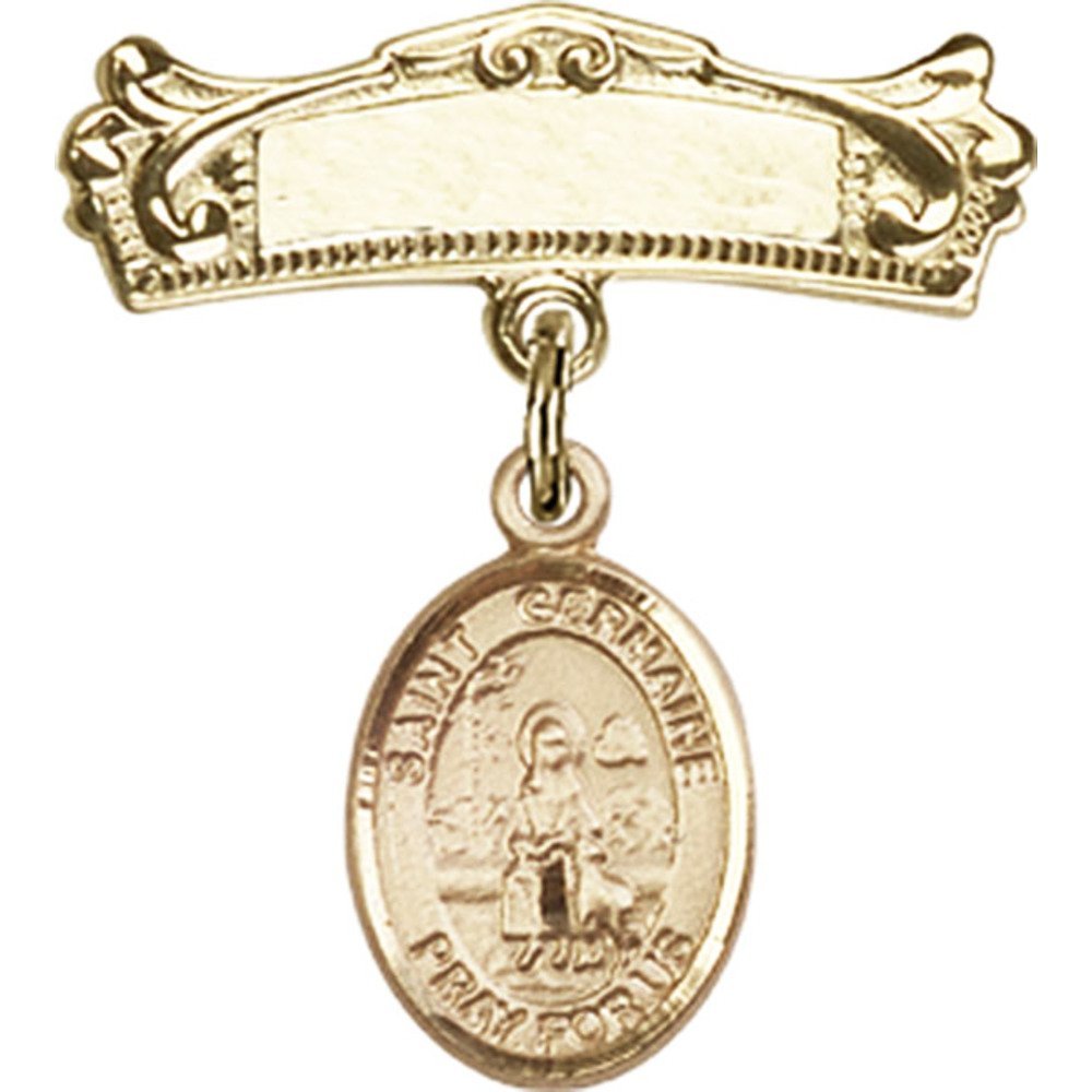 Gold Filled Baby Badge with St. Germaine Cousin Charm - 7/8 X 3/4 Inch Arched Polished Pin - Perfect for Christening Gifts, Baby Showers & Keepsake Jewelry