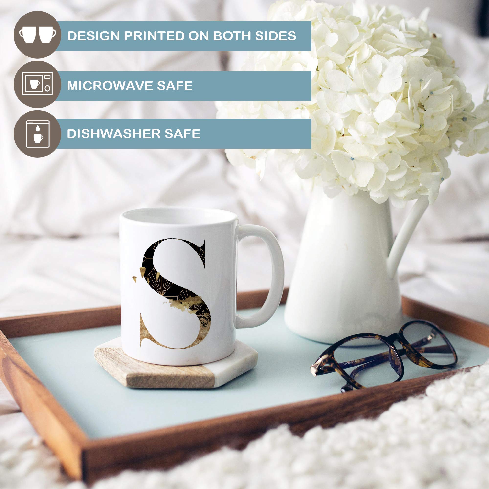 Personalized Art Deco Monogram Coffee Mug - Custom Black & Gold Initial Ceramic Cup for Bridesmaid Gifts | Microwave & Dishwasher Safe | Perfect for Wedding Party, Office Use & Home Decor