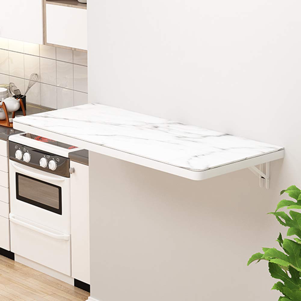White Marble Pattern Tempered Glass Wall-Mounted Folding Table - Space-Saving Dining & Laptop Desk for Small Rooms | Perfect for Apartments, Dorms & Home Offices
