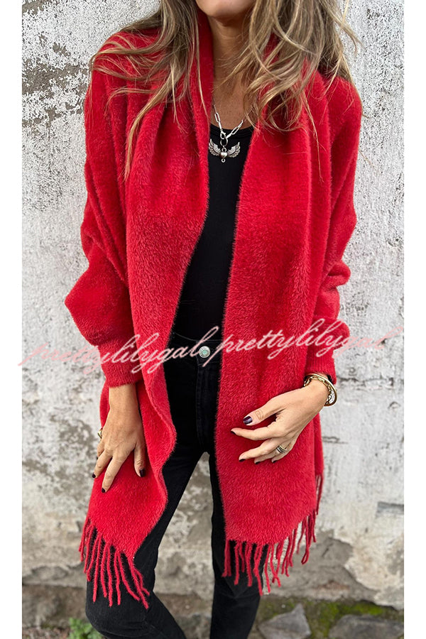 Cozy Knit Plush Tassel Trim Relaxed Shawl Cardigan for Women - Soft Warm Winter Wrap Sweater for Lounge, Travel & Casual Outfits