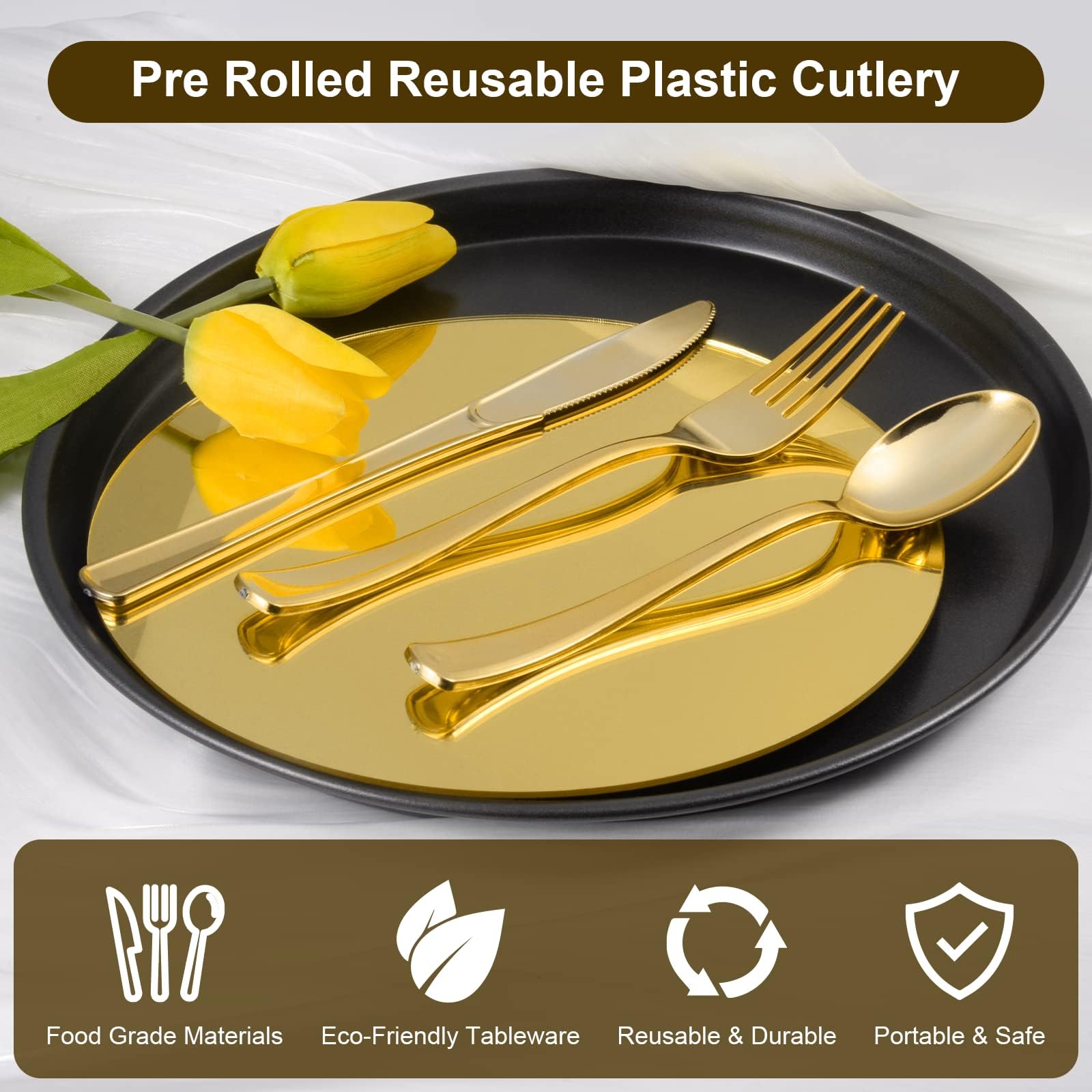 Premium 300-Piece Gold Plastic Cutlery Set - Heavy Duty Disposable Forks, Knives, Spoons & Napkins for Parties, Weddings, Birthdays & Catering | Elegant Dinnerware for Events, Picnics & Office Luncheons