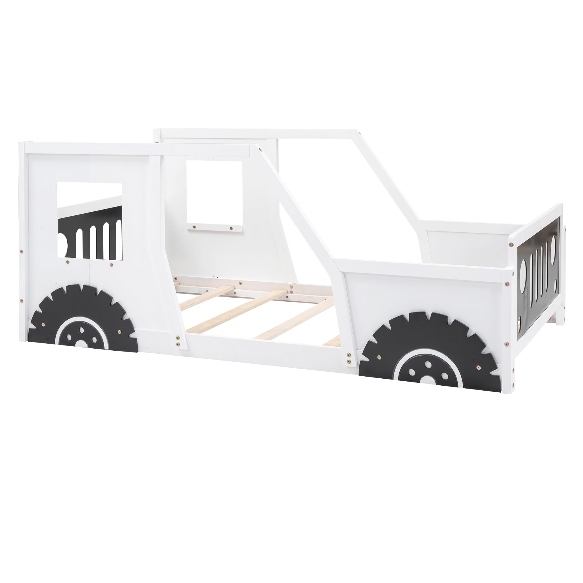**MERITLINE Twin Size Kids Floor Car Bed - Wooden Platform Bed Frame with Doors, Wheels & Slat Support - No Box Spring Needed - Perfect for Boys & Girls Bedrooms, Playrooms & Themed Kids Rooms - White**