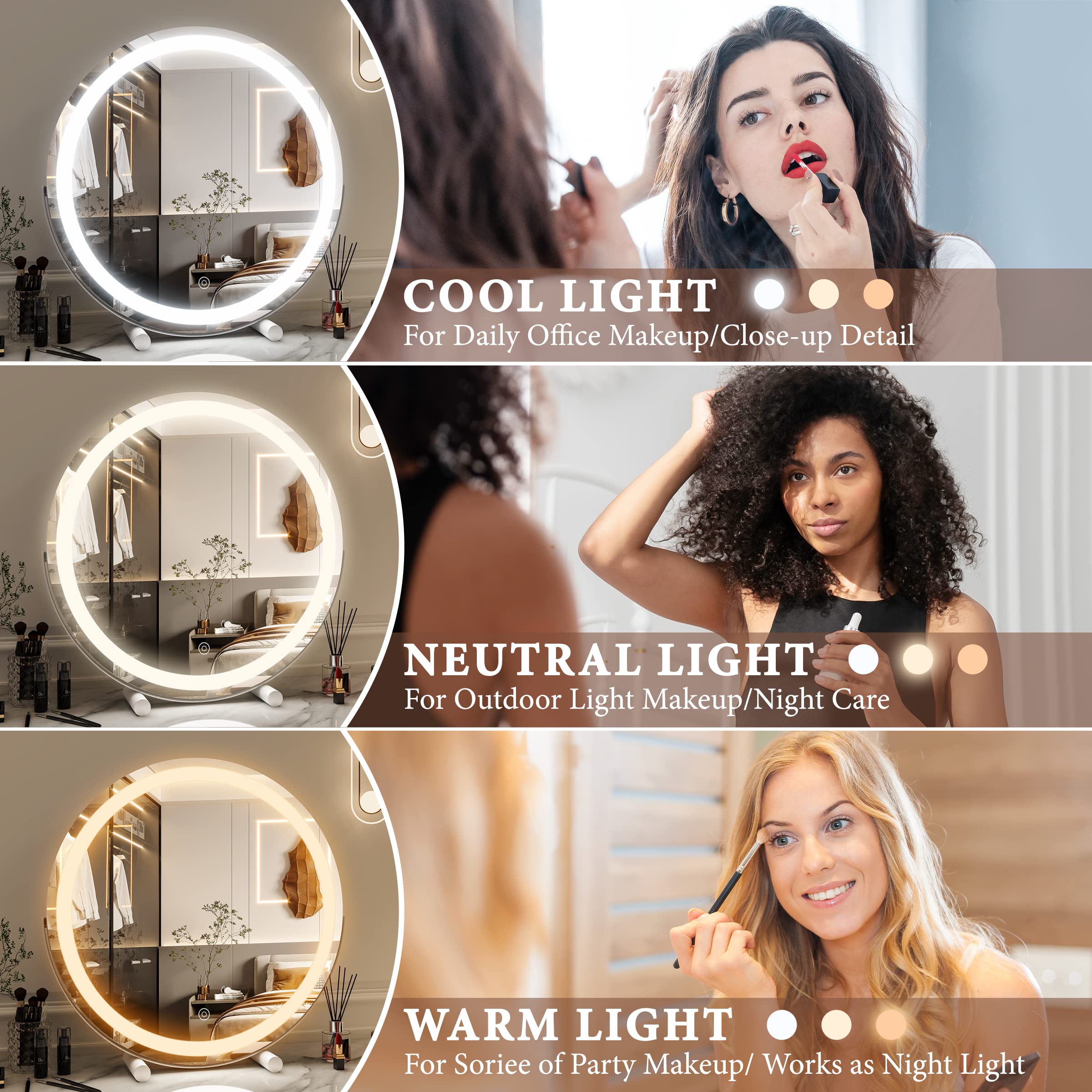FENNIO 18 Inch Large LED Vanity Mirror with Touch Screen - 3 Color Dimmable Lighting, Round Lighted Makeup Mirror for Vanity Desk, Bedroom, Dressing Room & Professional Makeup Application