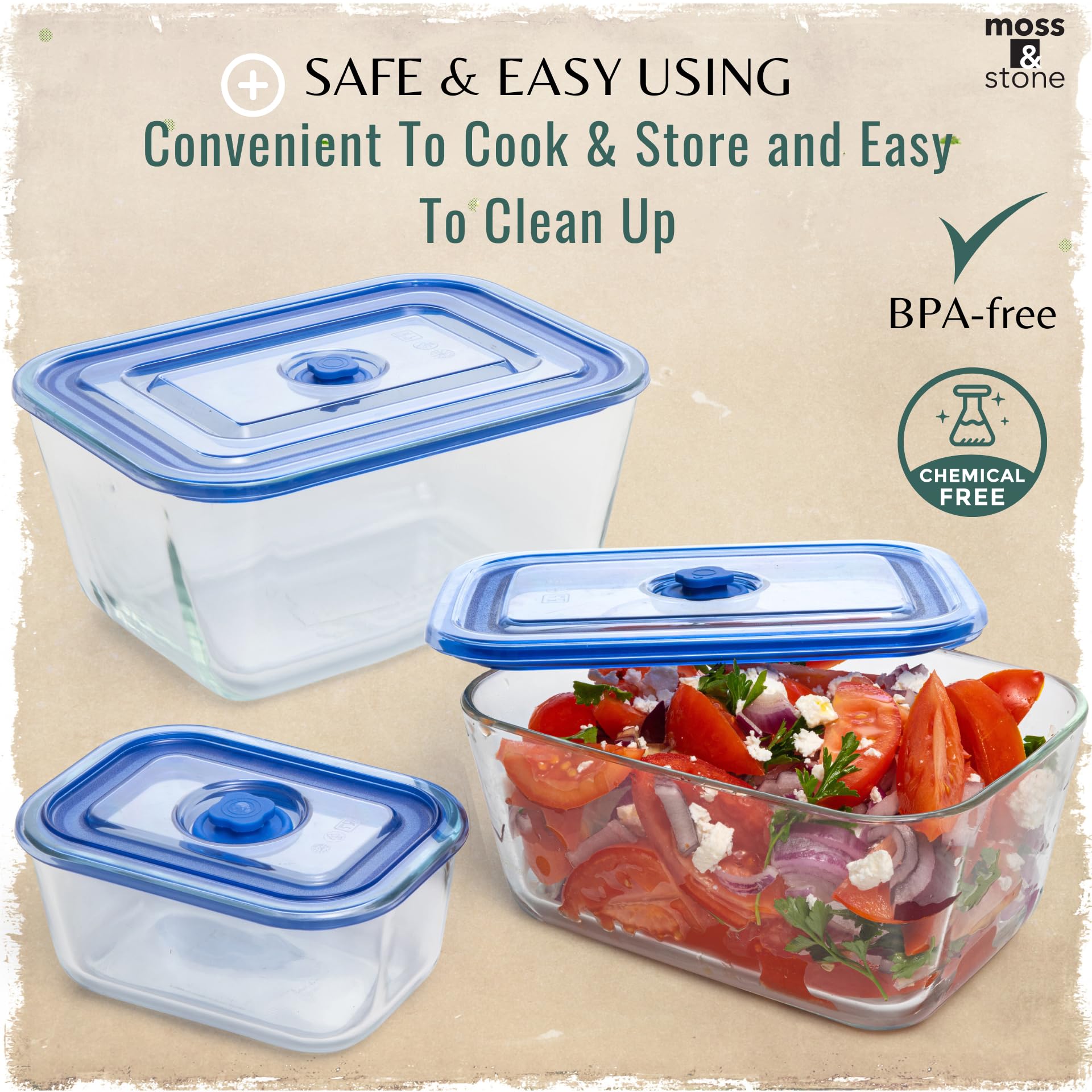 Moss & Stone Extra Large Glass Food Storage Containers with Lids (Set of 3) - 101oz, 54oz, 16oz - Airtight, Leak Proof, Microwave, Dishwasher & Oven Safe - Perfect for Meal Prep, Leftovers & Pantry Organization