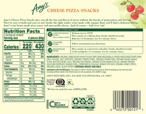 Amy's Organic Cheese Pizza Snacks - Frozen Microwave Meals Made with Organic Flour & Tomatoes (6 oz) | Quick Lunch, School Snacks & Busy Weeknight Dinners