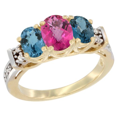 10K Yellow Gold Natural Pink Topaz & London Blue Topaz Ring with 3-Stone Oval Diamond Accent - Elegant Jewelry for Engagement, Anniversary & Special Occasions