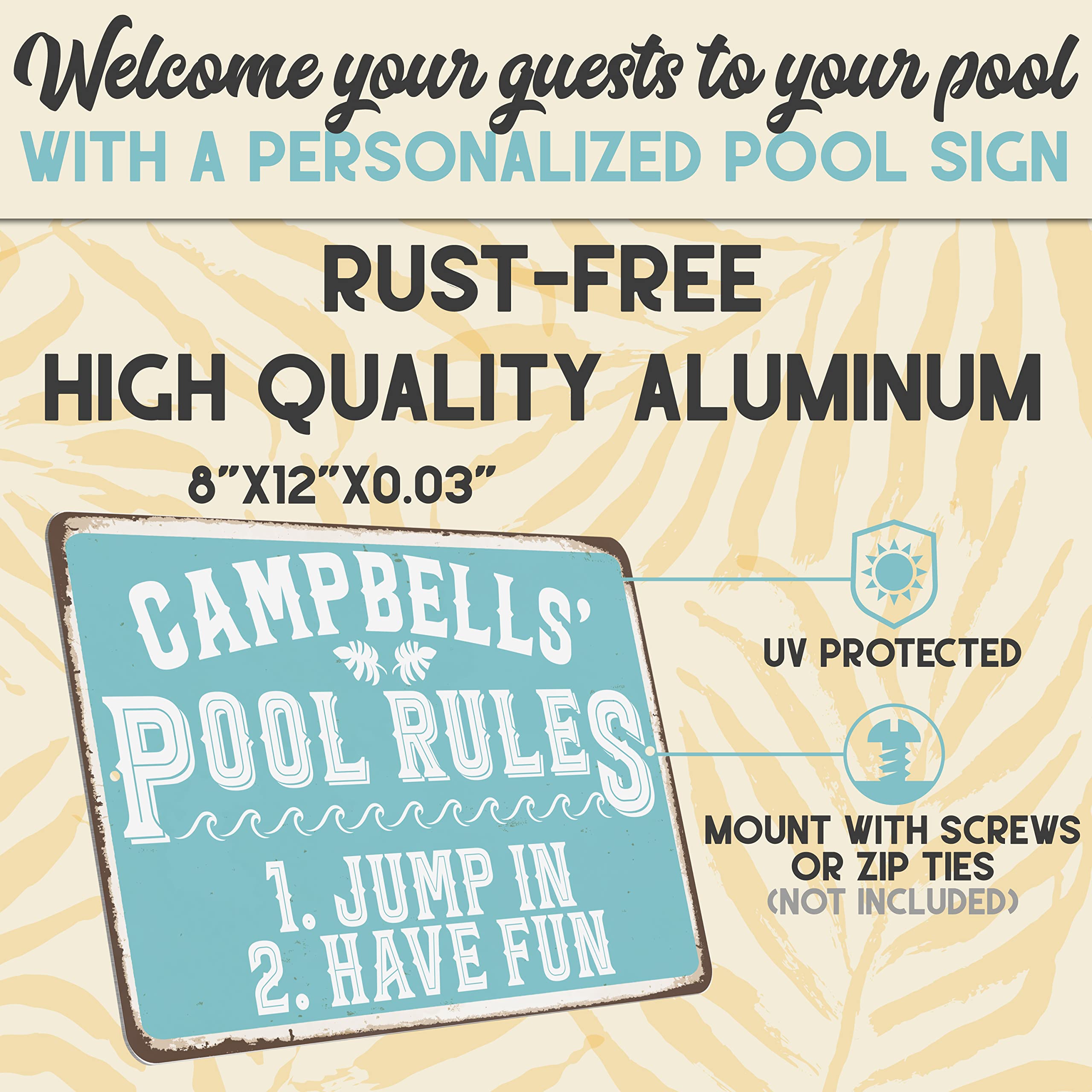 Personalized Pool Sign with Name - Custom Metal Sign for Garden, Patio, Hot Tub & Pool Deck | 7 Unique Designs | Funny Backyard Decor & Gift for Swimming Pool Owners | Perfect for Outdoor Decor, Housewarming & Pool Party Gifts