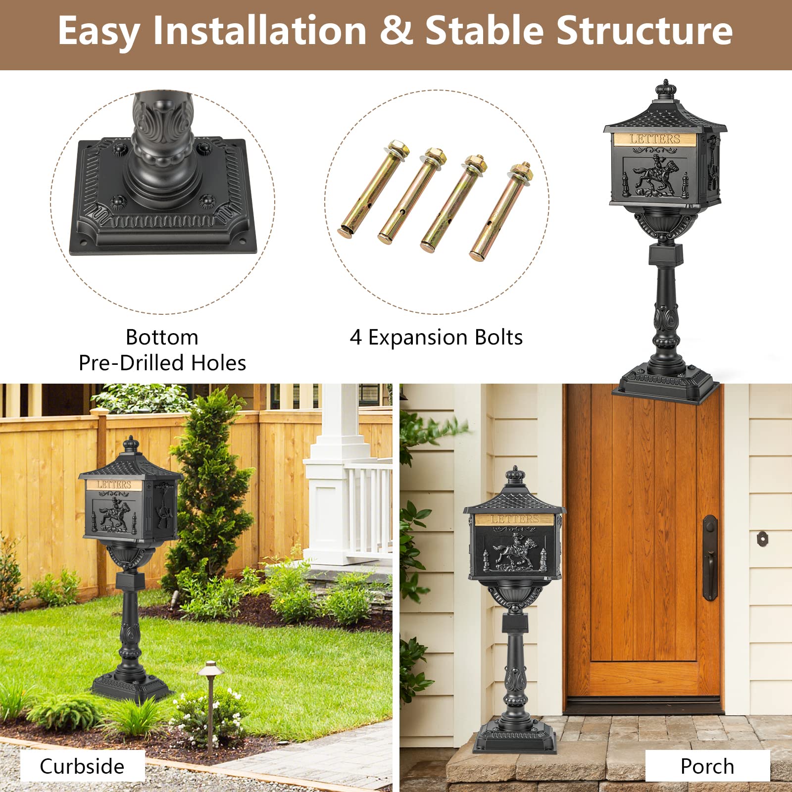 Giantex Black Cast Aluminum Mailbox - Secure Outdoor Mailbox with Lock & Keys for Home Security