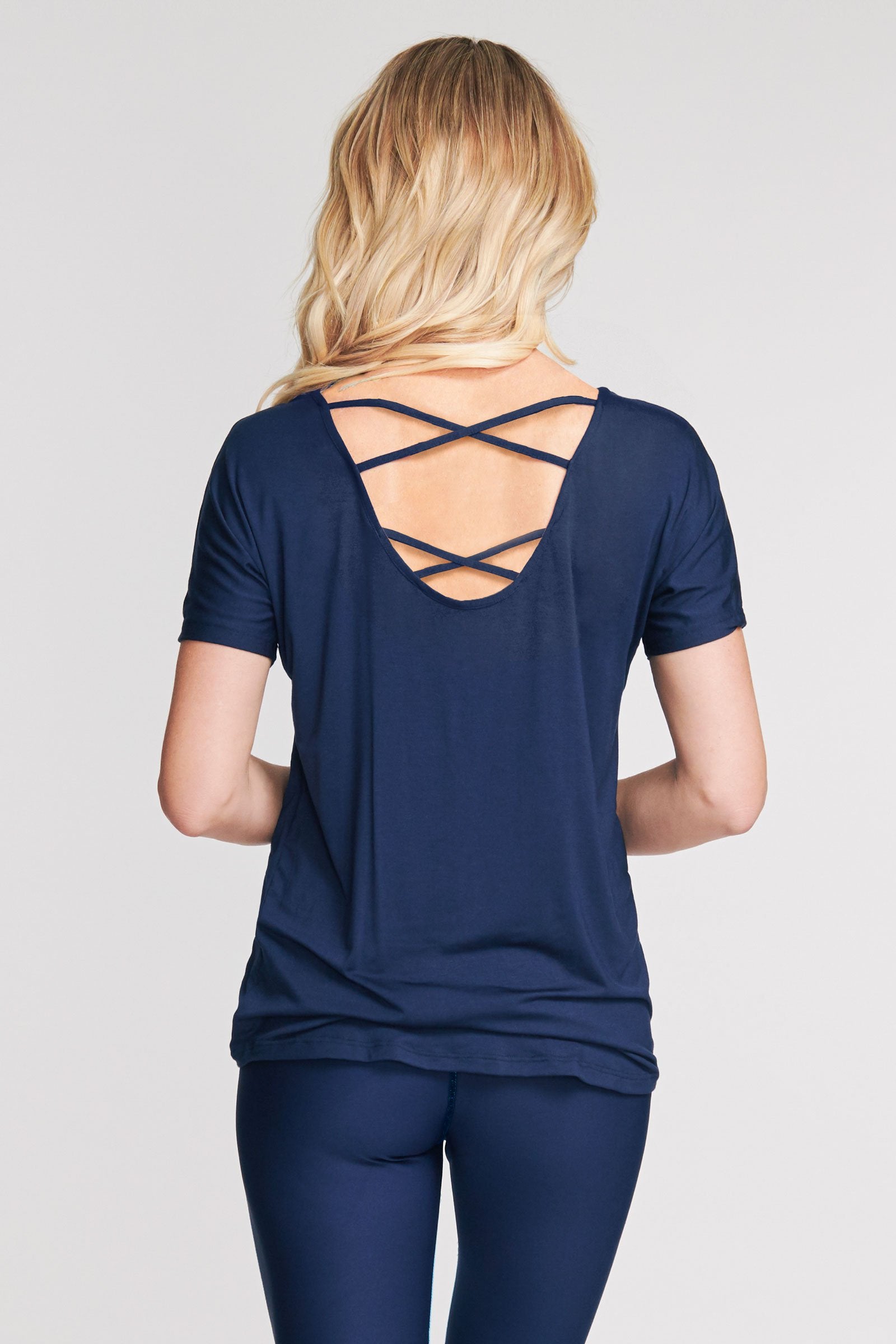 Ultra Soft Scoop Back Lattice Dolman Tee in Solid Navy - Comfortable Women's Casual T-Shirt for Everyday Wear, Lounge & Outfits