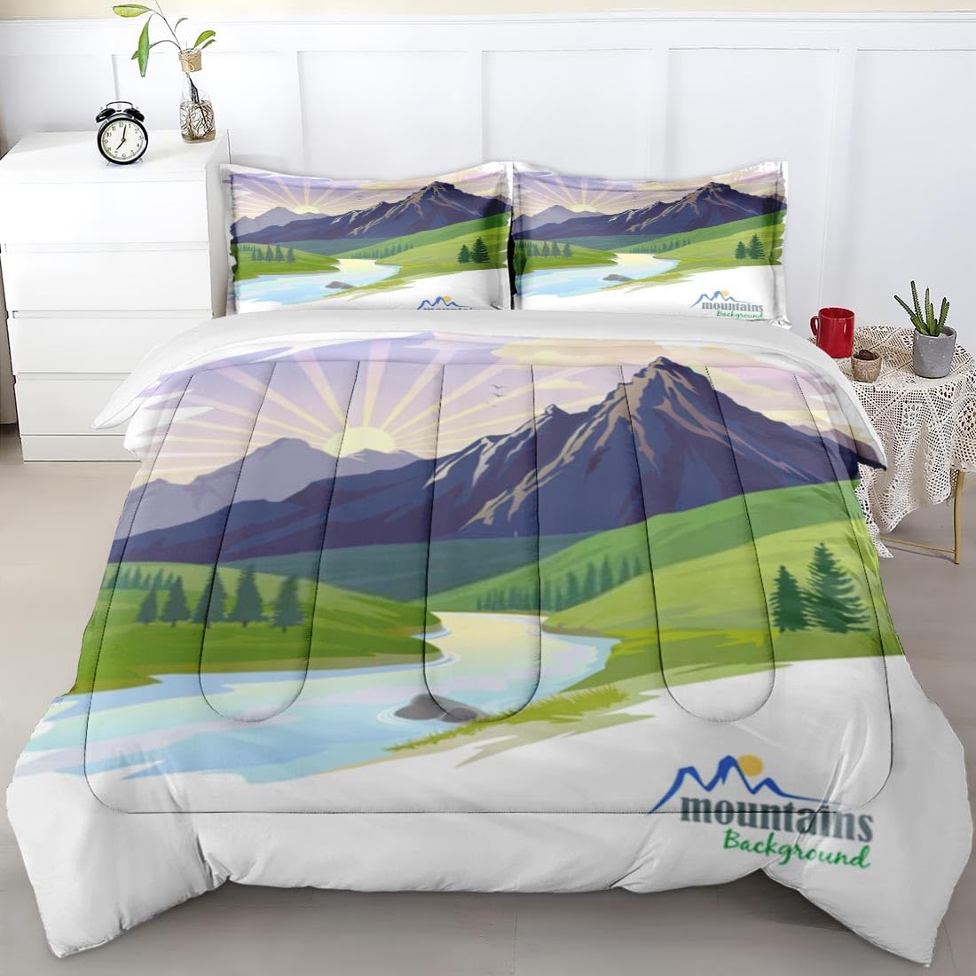 Queen Size Comforter Set - Green Pine Spring Bedding with 2 Pillowcases | Soft Summer Bedding for Kids & Adults | Mountain Sun Tree Design for Cozy Bedroom Decor | Perfect for Guest Rooms, Dormitories & Master Bedrooms