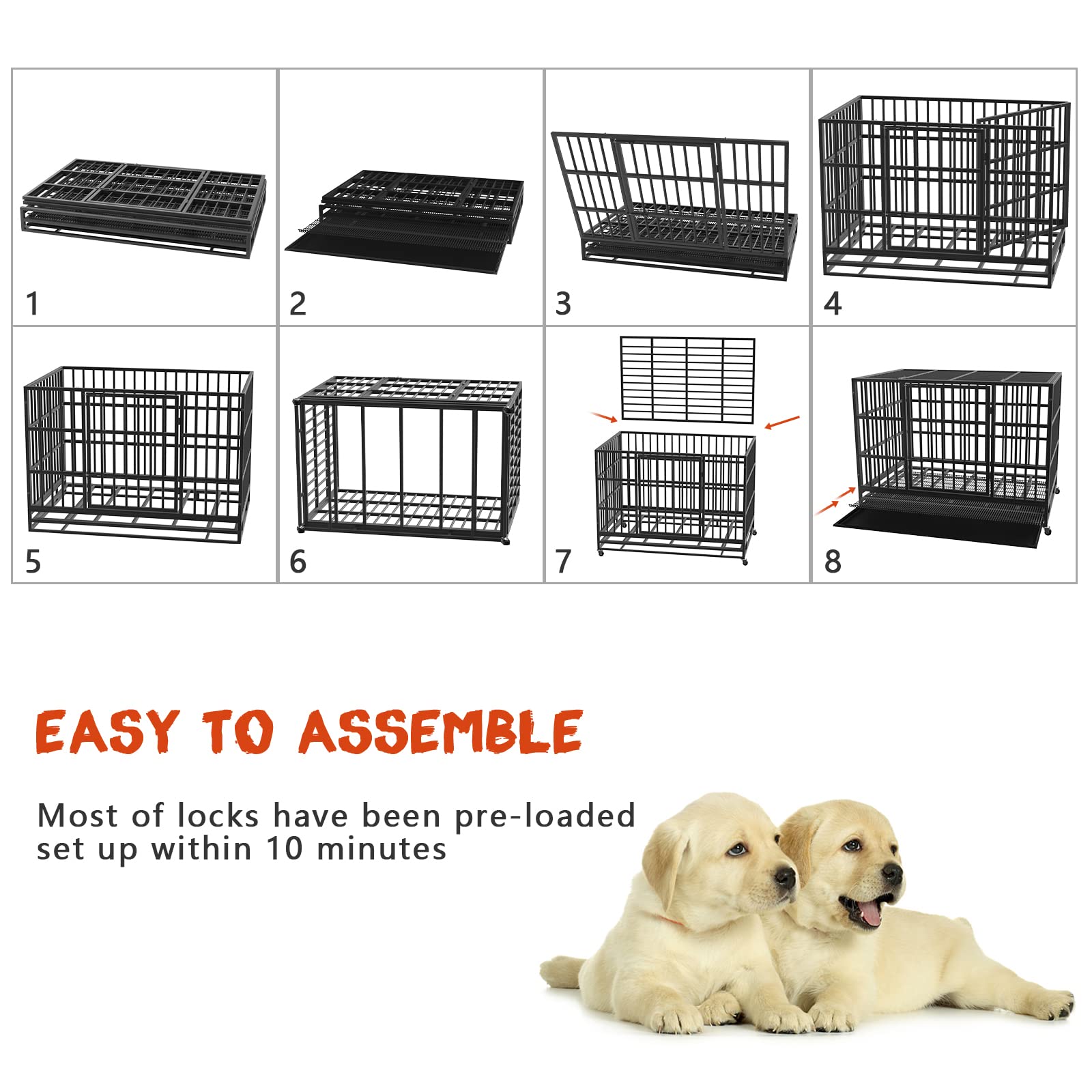 LEMBERI 48/38 Inch Heavy Duty Indestructible Dog Crate - Escape Proof Metal Dog Cage Kennel with Lockable Wheels & Removable Tray - High Anxiety Double Door Design for Large Dogs - Perfect for Home, Travel & Vet Visits
