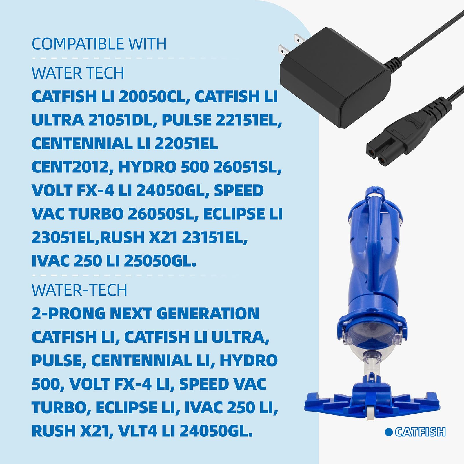 Water-Tech Pool Vacuum Charger - 2-Pin AC/DC Power Adapter Compatible with Pool-Blaster Vacuum Models LC099-2SK 21051DL 22151EL | Replacement Charging Cord & Power Supply for Pool Cleaning | Perfect for In-Ground & Above-Ground Pool Maintenance
