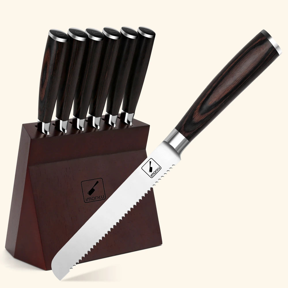 Premium Imarku 6-Piece Serrated Steak Knife Set with Wooden Block - Sharp Stainless Steel Blades for Steak, Meat, and BBQ - Perfect for Home Kitchens, Restaurants, and Dinner Parties
