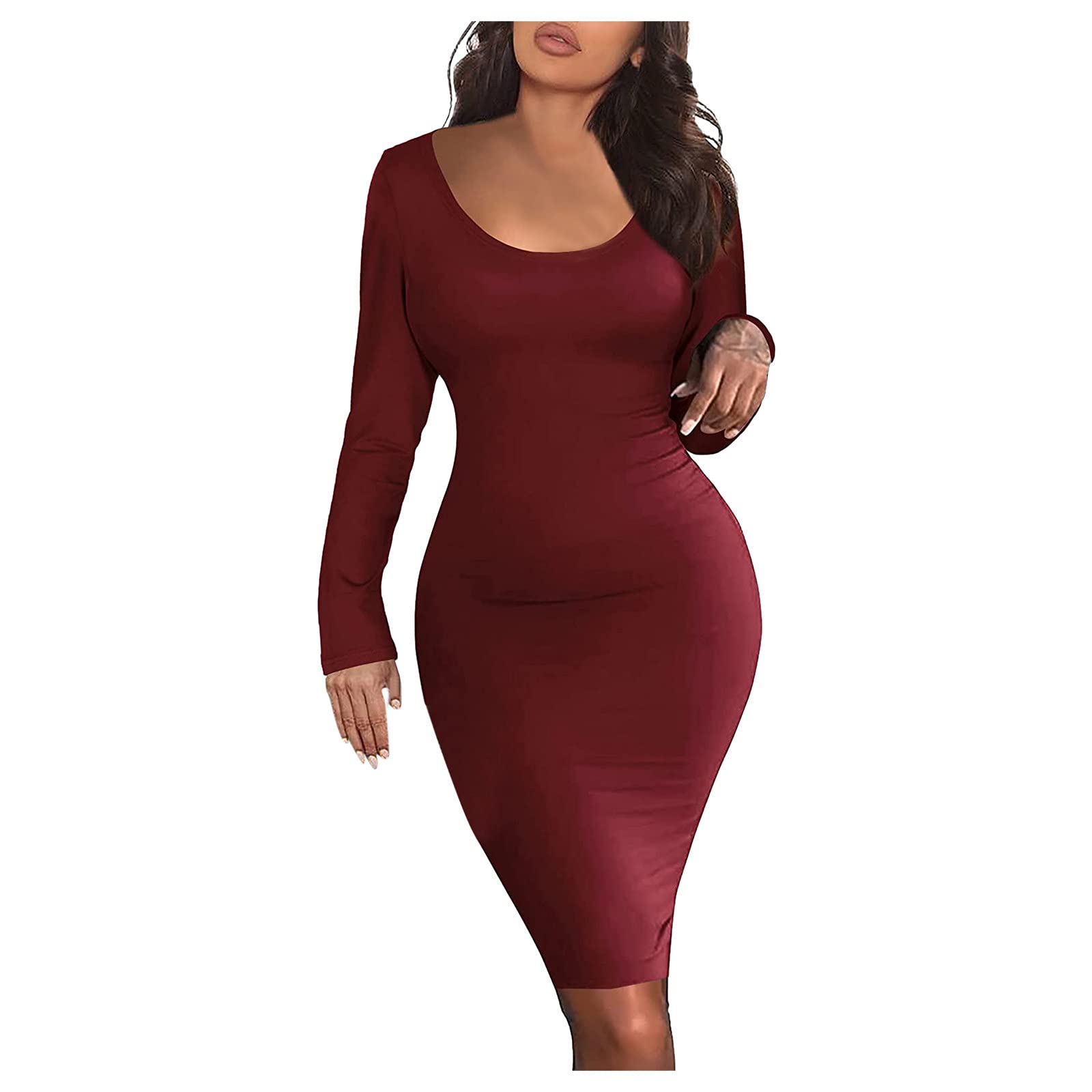 Women's Sexy Solid Color Long Sleeve Midi Dress - Round Neck Tight Fitted Club Dress for Casual Wear & Night Out Parties