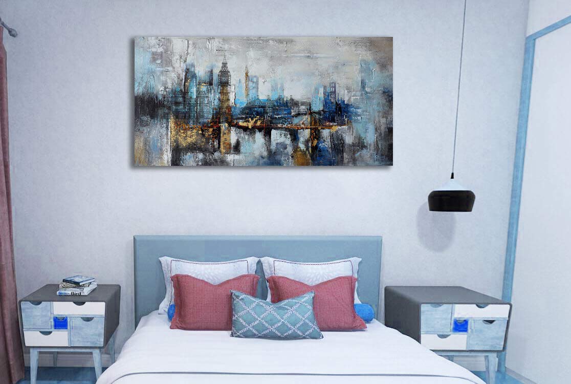 Abstract City View Canvas Wall Art - Modern Gray Blue Buildings Print for Bedroom, Living Room & Office Decor - Large 24x48 Inches - Perfect for Contemporary Home & Workspace Aesthetics