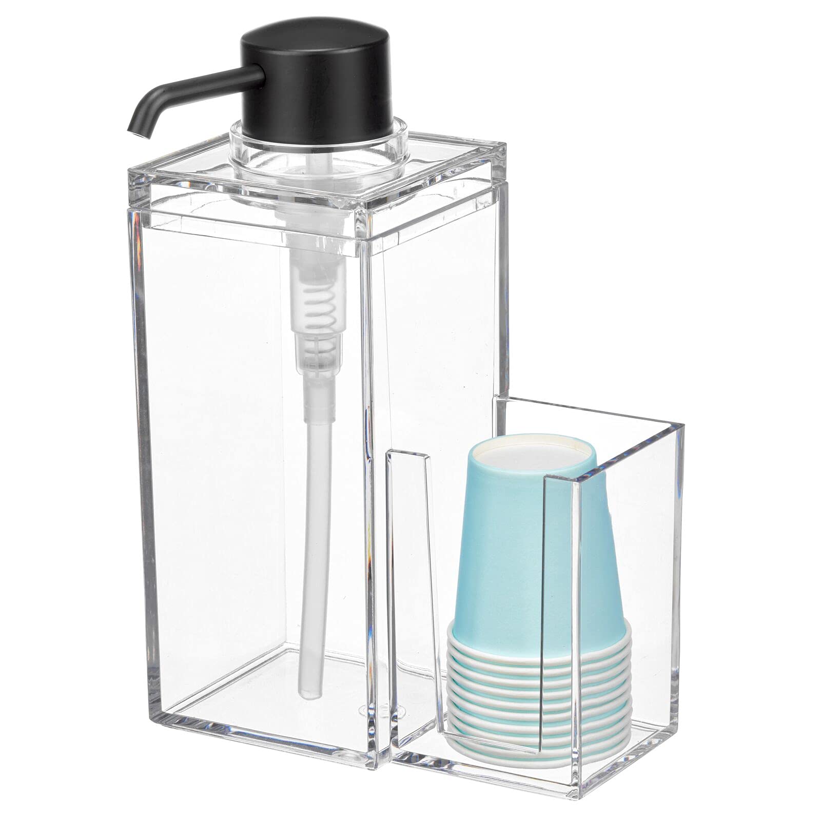 mDesign Modern Plastic Mouthwash Pump Caddy with 8 Disposable Cups - Bathroom Countertop Organizer for Toothbrush, Toothpaste & Dental Care Essentials - Space Saving Storage for Vanity, Cupboard & Small Spaces (Clear/Matte Black) - Perfect for Morning Routine & Guest Bathrooms