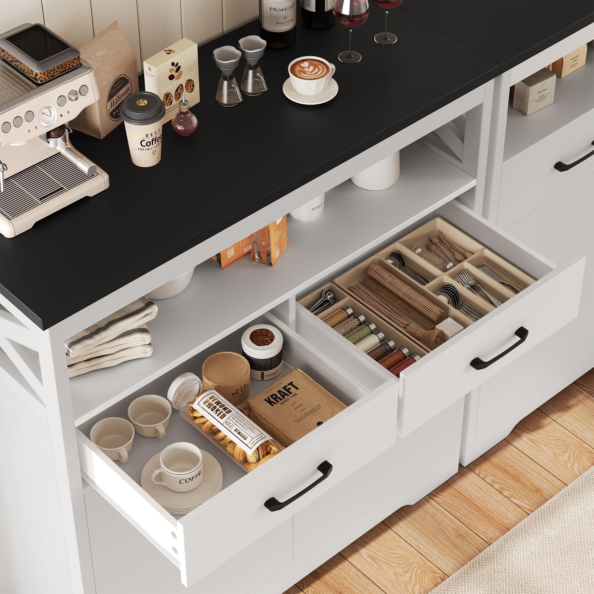 Modern Farmhouse Buffet Sideboard - Wood Kitchen Storage Cabinet with Shelves, Doors & Drawers - White and Black Coffee Bar Cabinet for Living Room, Dining Room & Home Decor - Perfect for Entertaining, Storage & Display