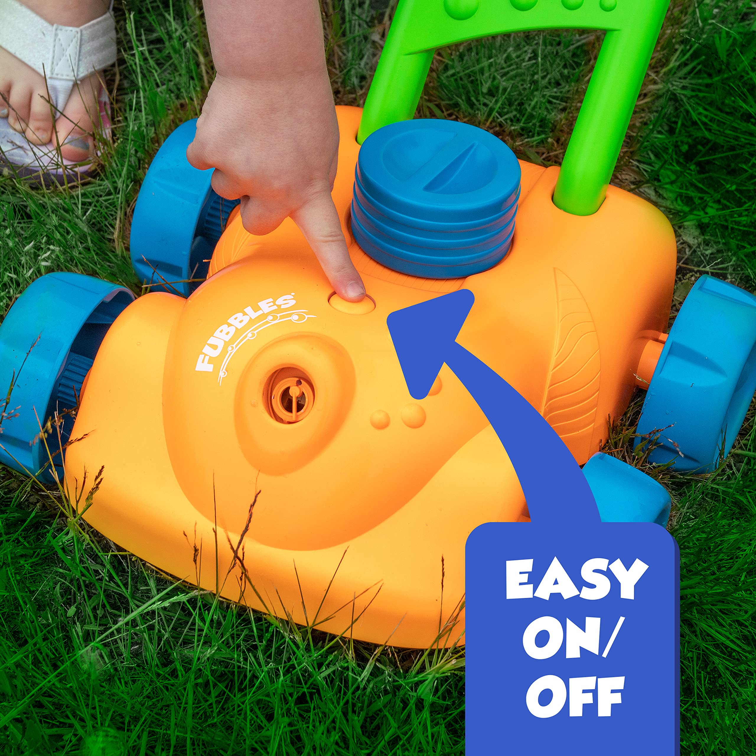 Fubbles No Spill Bubble Lawn Mower for Toddlers - Automatic Bubble Blower Machine with 4oz Non-Toxic Refill Solution - Outdoor Bubble Toy for Kids (Orange) - Perfect for Backyard Play, Birthday Parties & Summer Fun
