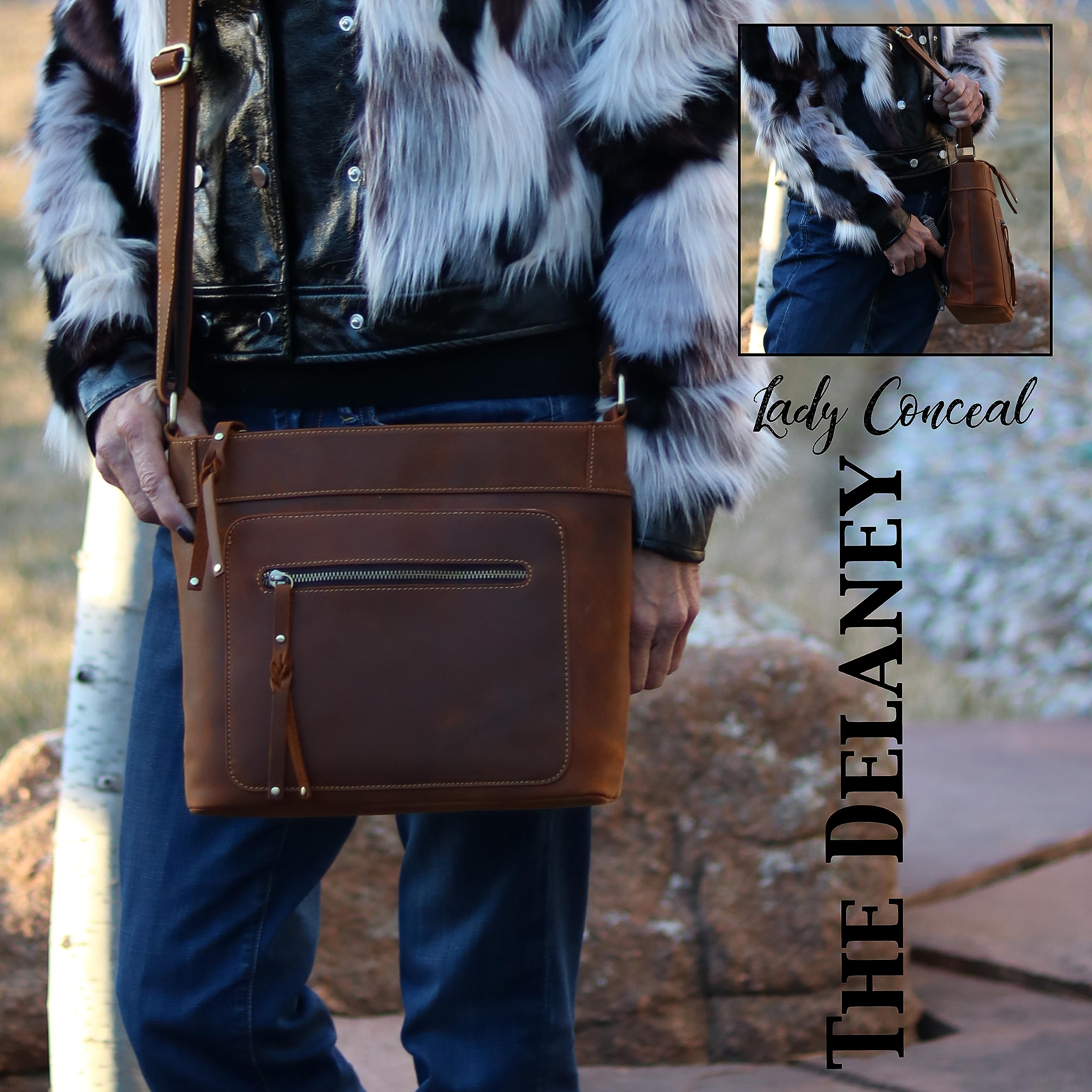 Concealed Carry Unisex Delaney Distressed Leather Crossbody Bag with Locking Zippers & Pistol Holster - Secure & Stylish for Everyday Use, Travel, and Self-Defense