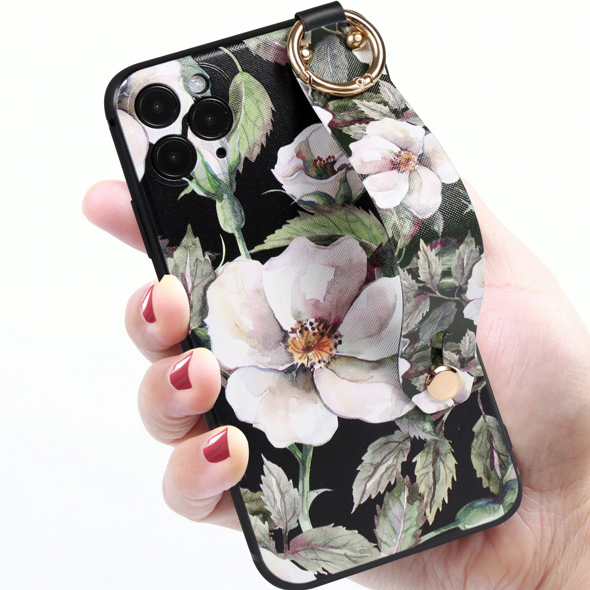 Matte Lily Print Plastic iPhone 12 Case with Finger Loop Strap - Cute Women's Protective Phone Cover for Apple iPhone 12 | Perfect for Daily Use, Work & Travel