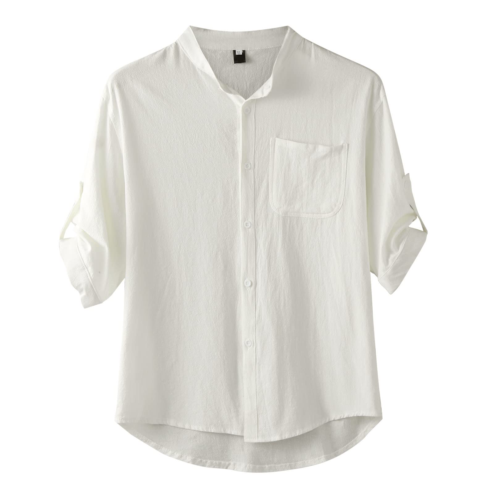 AMZFDC Men's Casual Turndown Collar Shirt - Solid Color Half Sleeve & Long Sleeve Cotton Linen Top Blouse for Men (White, XXXXL) | Perfect for Office, Business Casual, Summer Outfits & Daily Wear