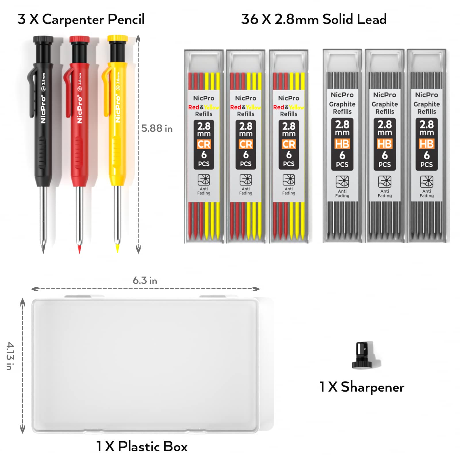 Nicpro 3-Pack Heavy Duty Mechanical Carpenter Pencils with Sharpener & 39 Refills - Woodworking, Construction & Architect Pencils (Red, Black, Yellow) with Protective Case - Perfect for DIY Projects, Building Plans & Professional Drafting