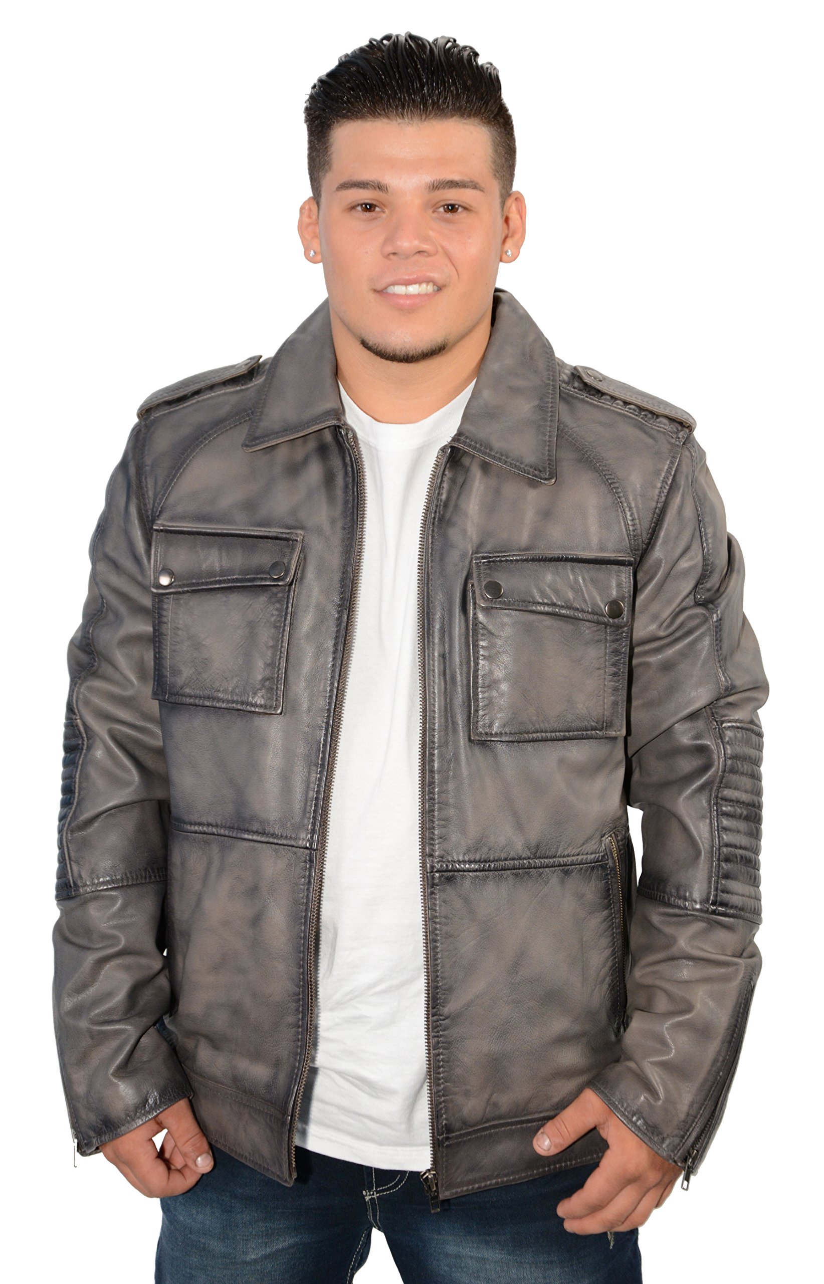 Men's Gray Leather Patch Pocket Jacket with Shirt Collar & Padded Elbows - Stylish Casual Outerwear for Work, Travel & Everyday Wear