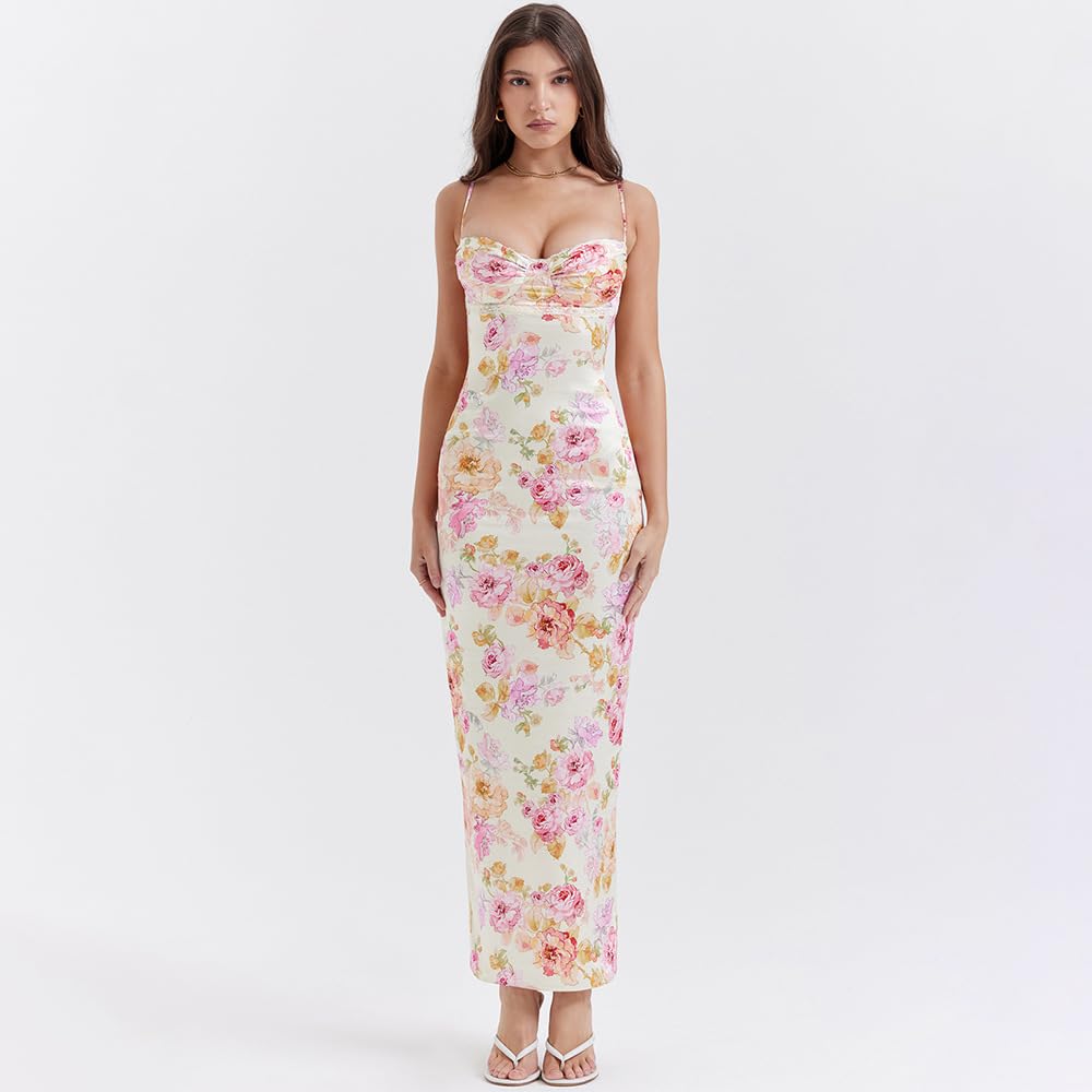 Elegant Floral Satin Maxi Dress for Women - Stretchy Bodycon Formal Gown - Perfect for Weddings, Parties & Special Occasions