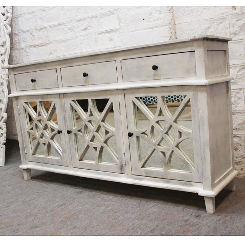 French Arched Glass Door Buffet Sideboard - Whitewashed Finish 63