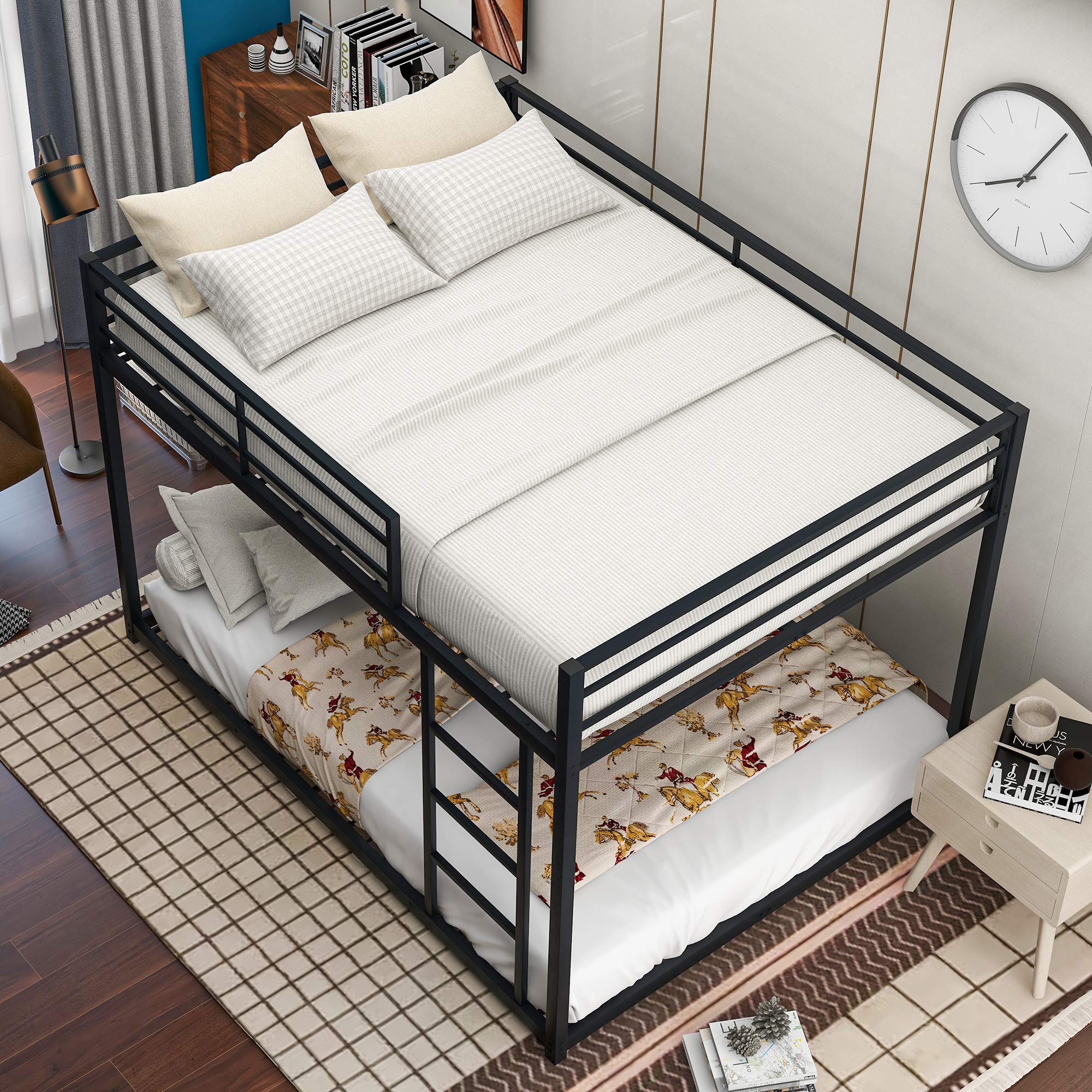 Knocbel Low Profile Full Over Full Bunk Bed with Ladder - Sturdy Metal Platform Bed Frame with Safety Guardrails & Slats Support (Black) - Perfect for Kids' Rooms, Dormitories & Space-Saving Bedroom Solutions