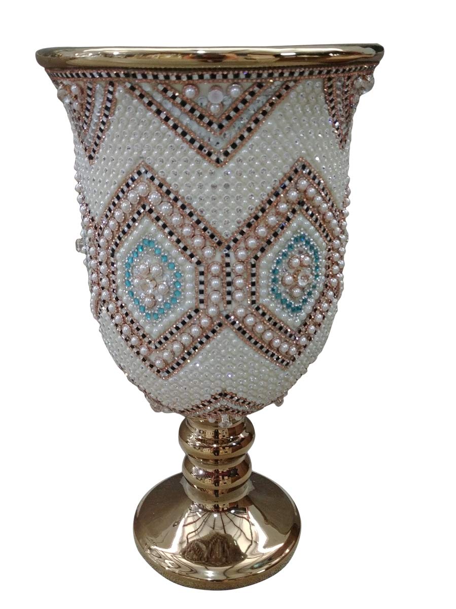 Handcrafted Moroccan Ceramic & Crystal Chalice Vase - Multi-Color Bohemian Home Decor for Living Room, Dining Table, Wedding Centerpiece