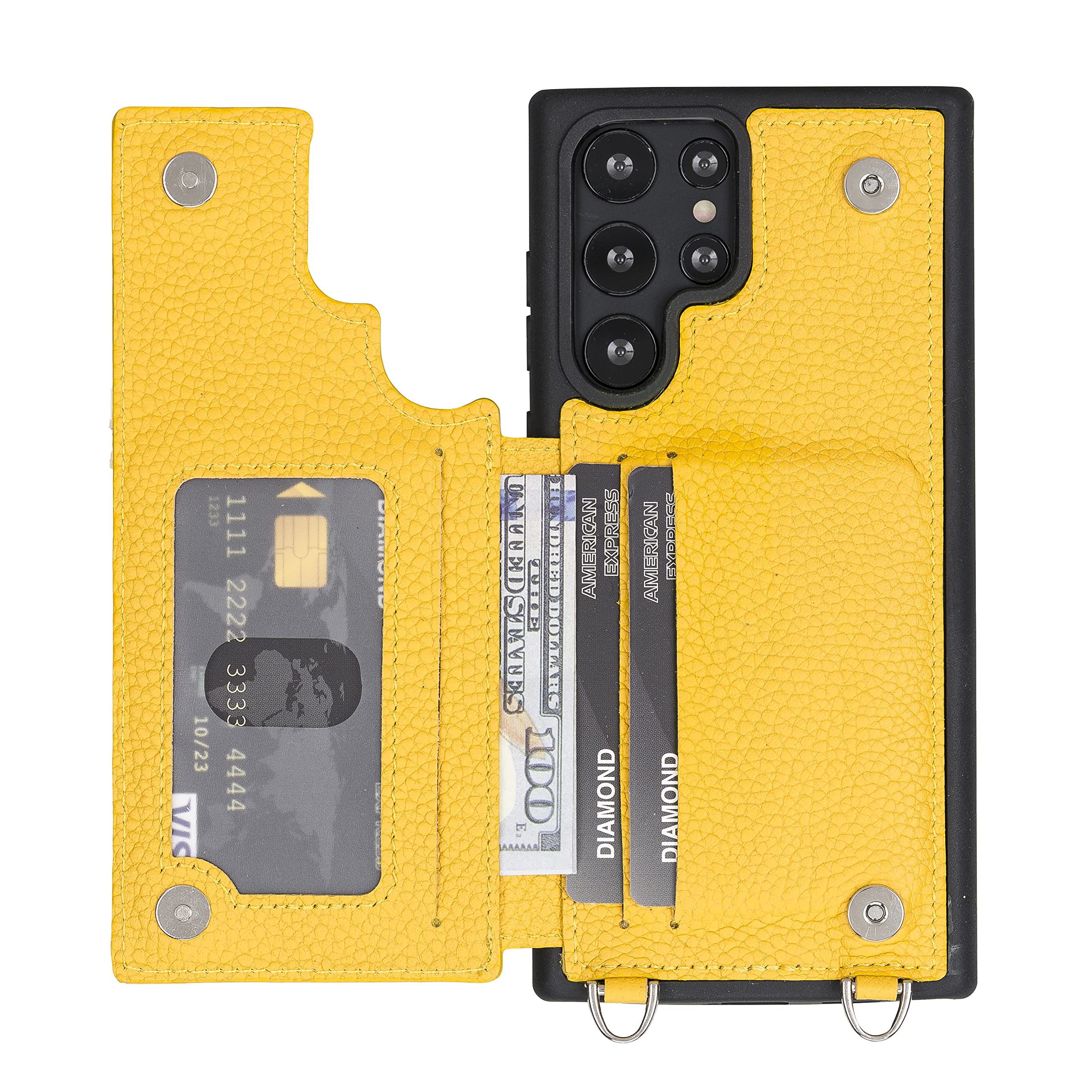 **Bayelon Genuine Leather Crossbody Phone Case for Samsung Galaxy S22 Ultra – Premium Full Grain Leather Card Holder with Adjustable Shoulder Strap (Floater Yellow) – Perfect for Travel, Shopping & Everyday Use**