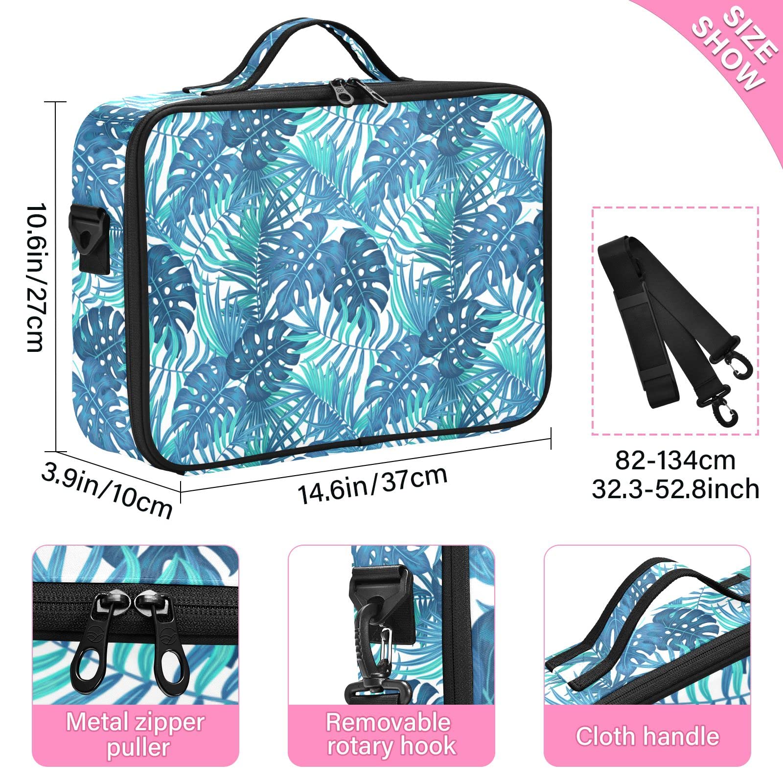 Blue Tropical Leaves Makeup Bag for Women - Travel & Cosmetic Organizer