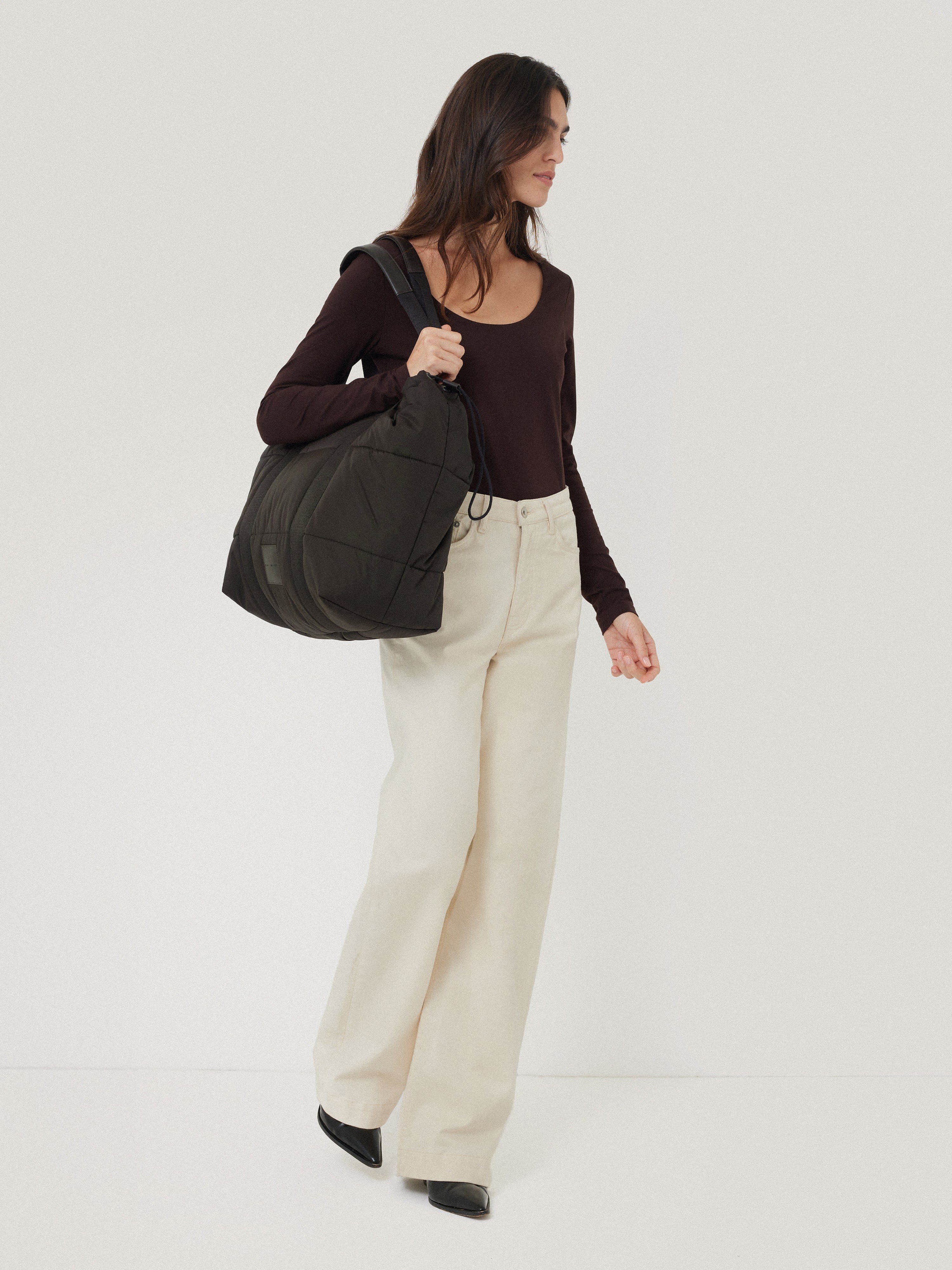 Durable Nylon Quilted Drawstring Tote Bag - Chocolate Brown | Stylish & Spacious for Work, Travel & Shopping