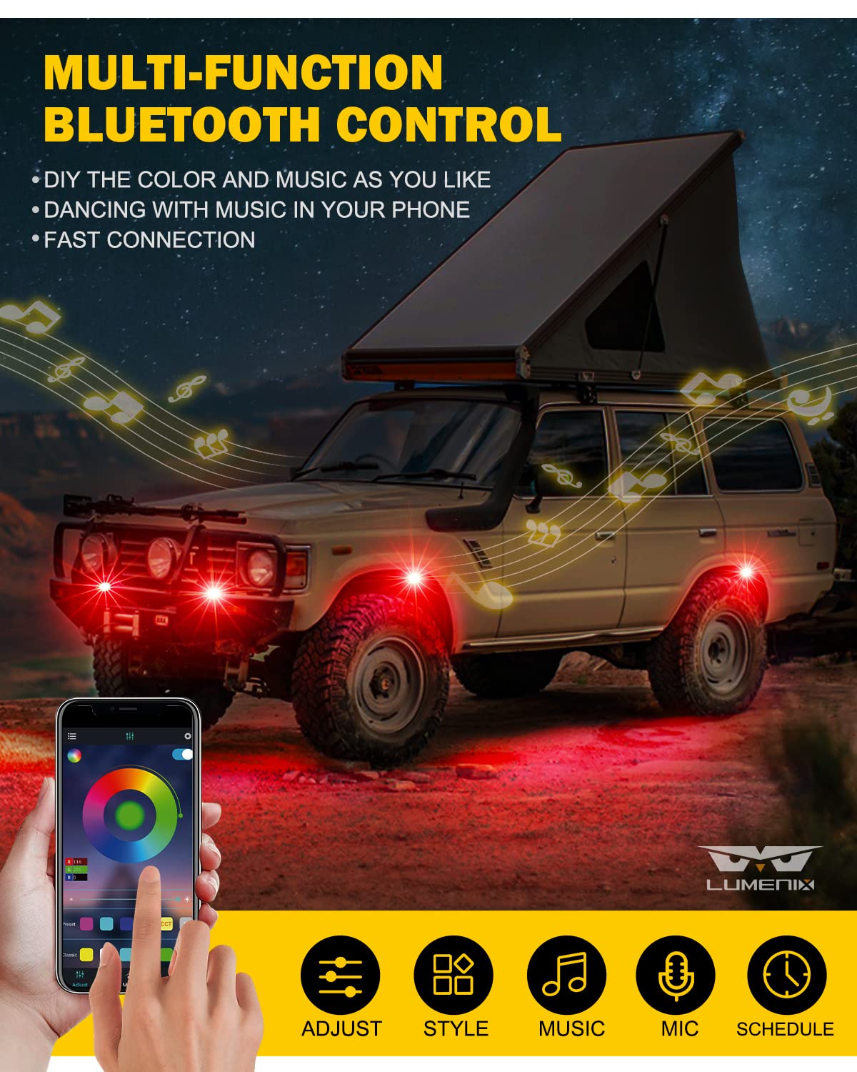 LUMENIX RGB LED Rock Lights Kit - Bluetooth Multicolor Wheel Well & Footwell Underglow Neon Lights with Remote Control - Wide Angle Rock Lights for Off-Road Trucks, SUVs, UTVs, RZRs, ATVs & Motorcycles (8 Pods) - Perfect for Night Rides, Car Shows & Off-Road Adventures