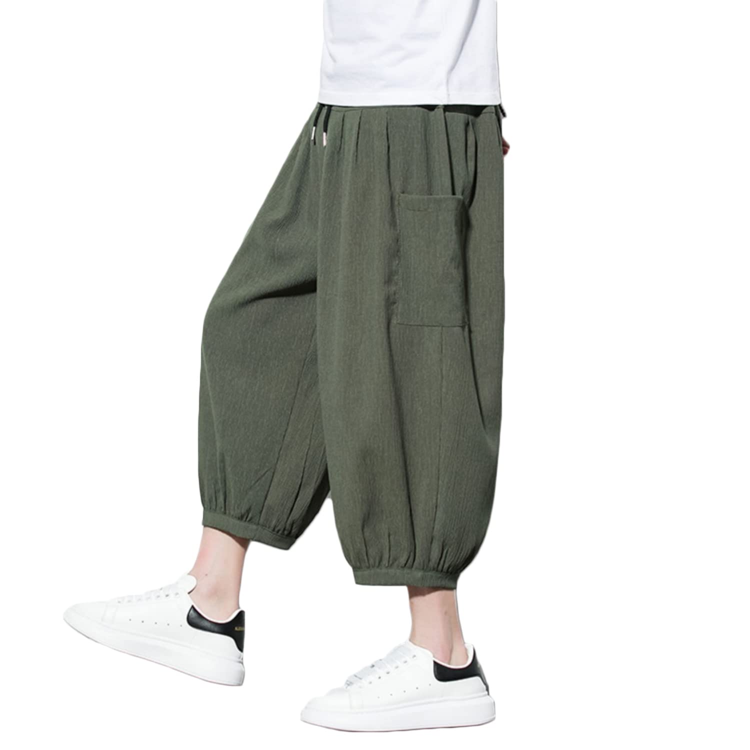 **INVACHI Men's Casual Elastic Waist Linen Capri Wide Leg Baggy Harem Pants - Breathable & Comfortable Summer Trousers for Lounge, Travel & Yoga**