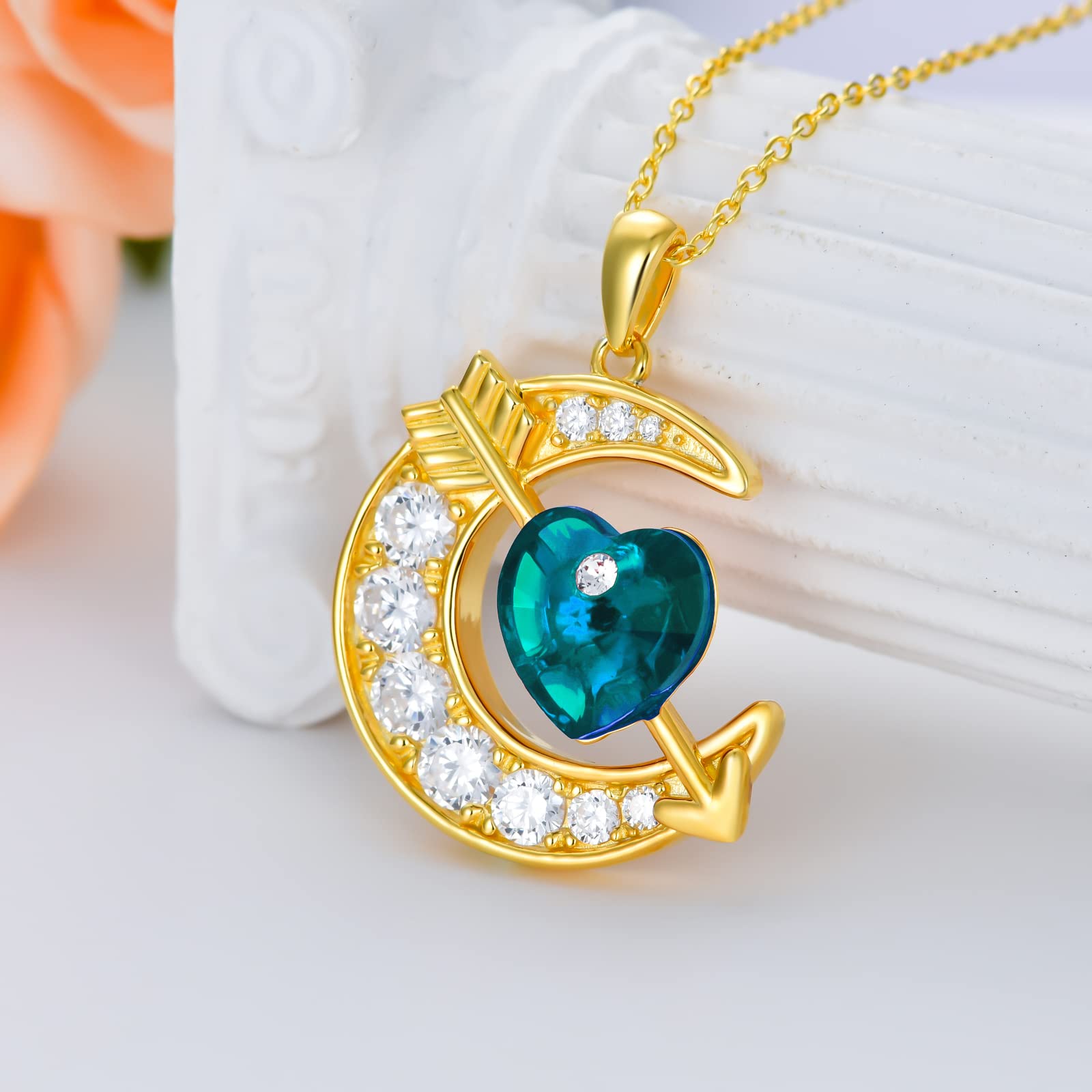 OCJ Sterling Silver Moon Birthstone Pendant Necklace for Women - Classic Love Arrow Crystal Jewelry with Birthstone | Perfect Birthday, Christmas Gift for Her, Daughter, Teens | Elegant Everyday Wear & Special Occasion Jewelry