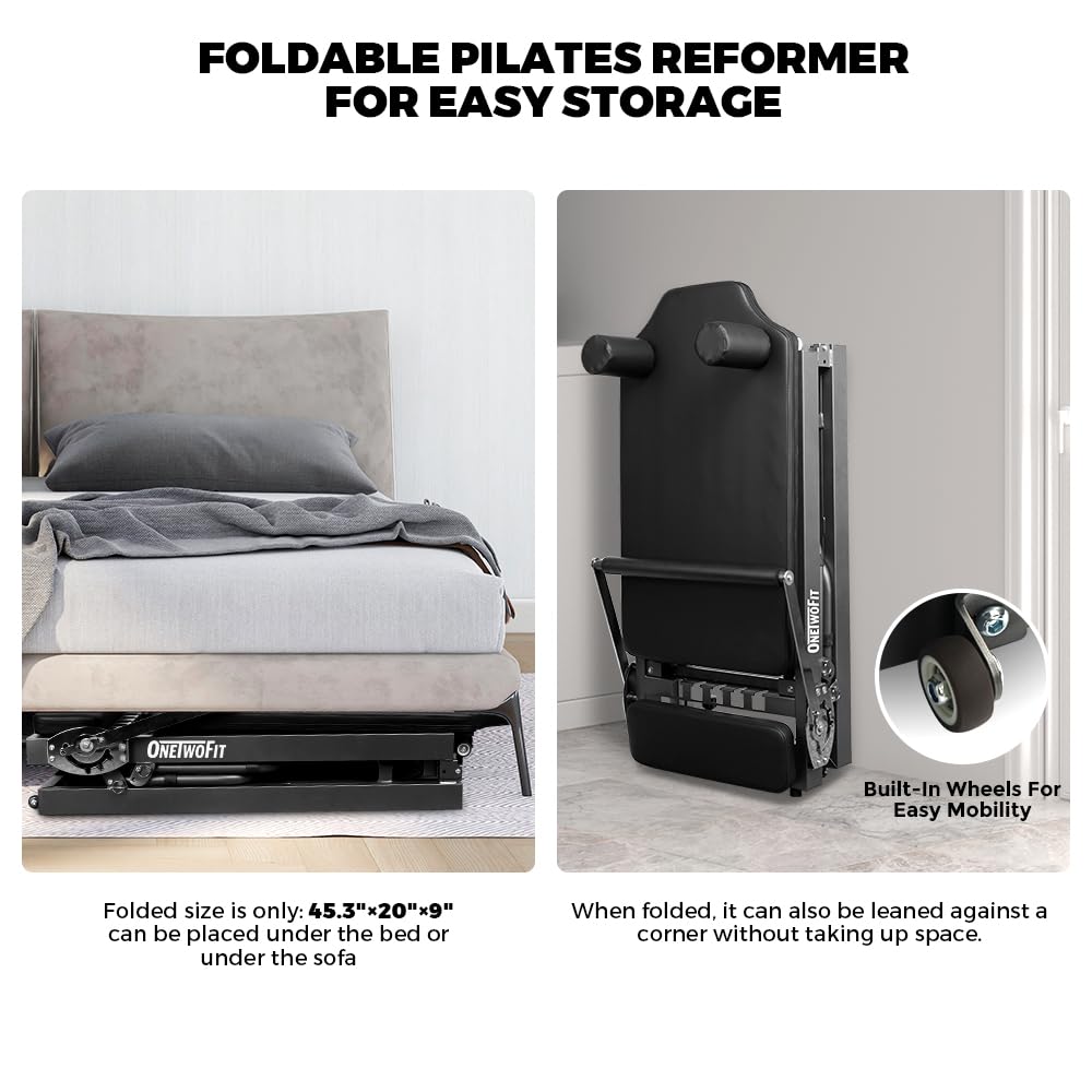 ONETWOFIT Foldable Pilates Reformer Machine for Home Gym - 440 lbs Weight Capacity | Portable Pilates Equipment for Full Body Workouts | Perfect for Small Spaces & Home Pilates Studio