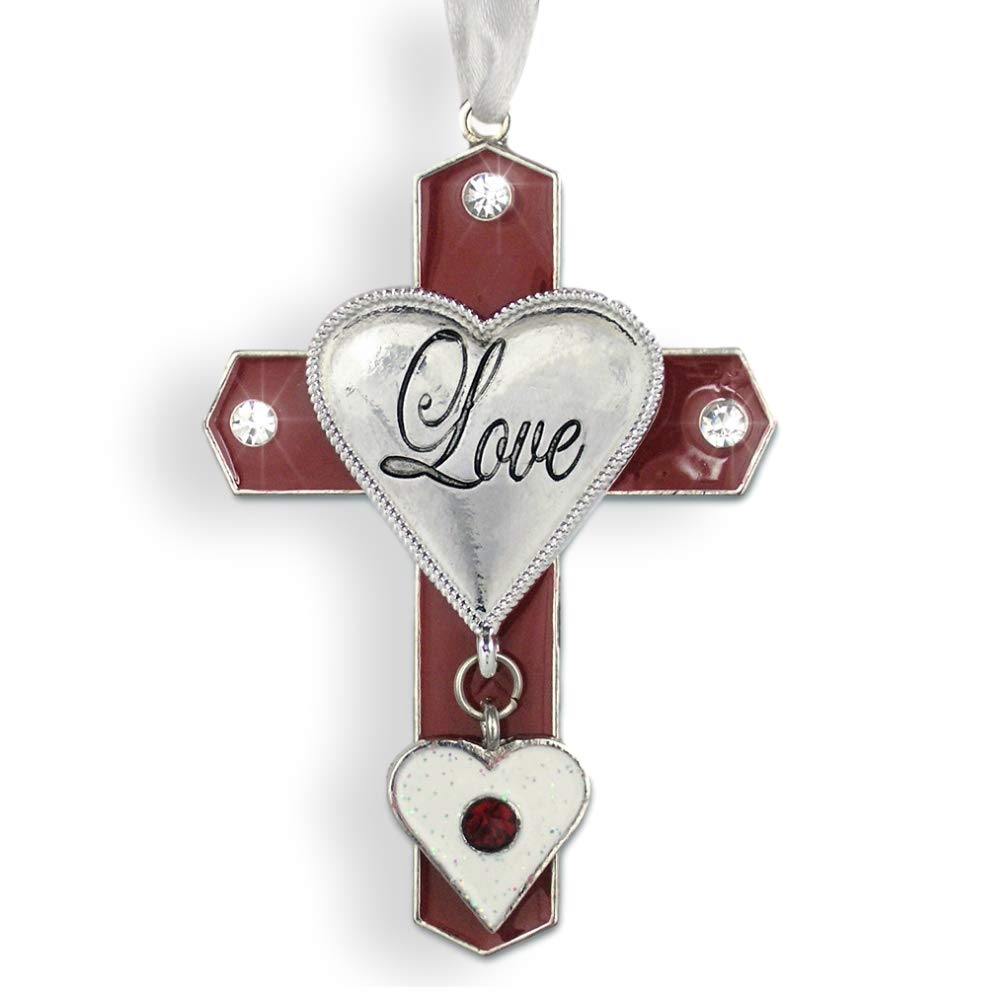 Enameled Cross Christmas Ornament with Clear Crystals & White Heart Charm - 3