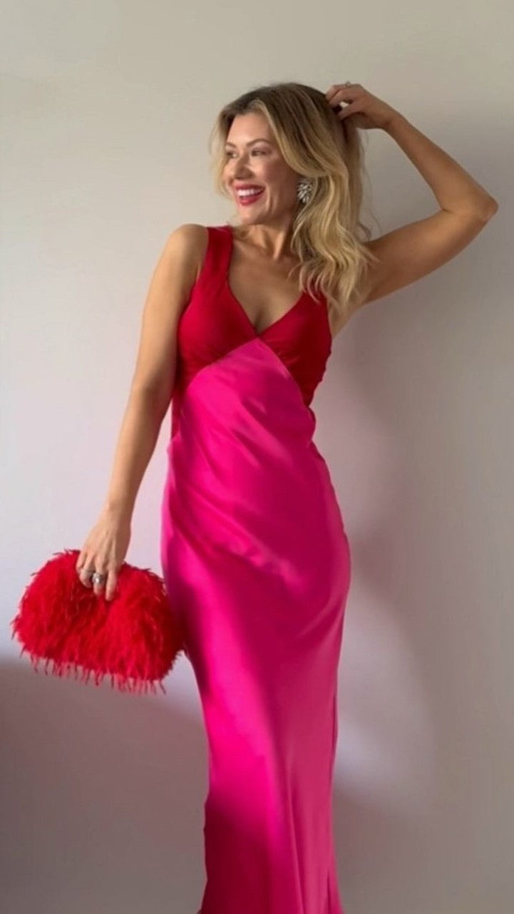 Glacia Maxi Dress for Women - Flowy Long Summer Dress in Pink & Red | Beach, Vacation, Party, Casual Wear