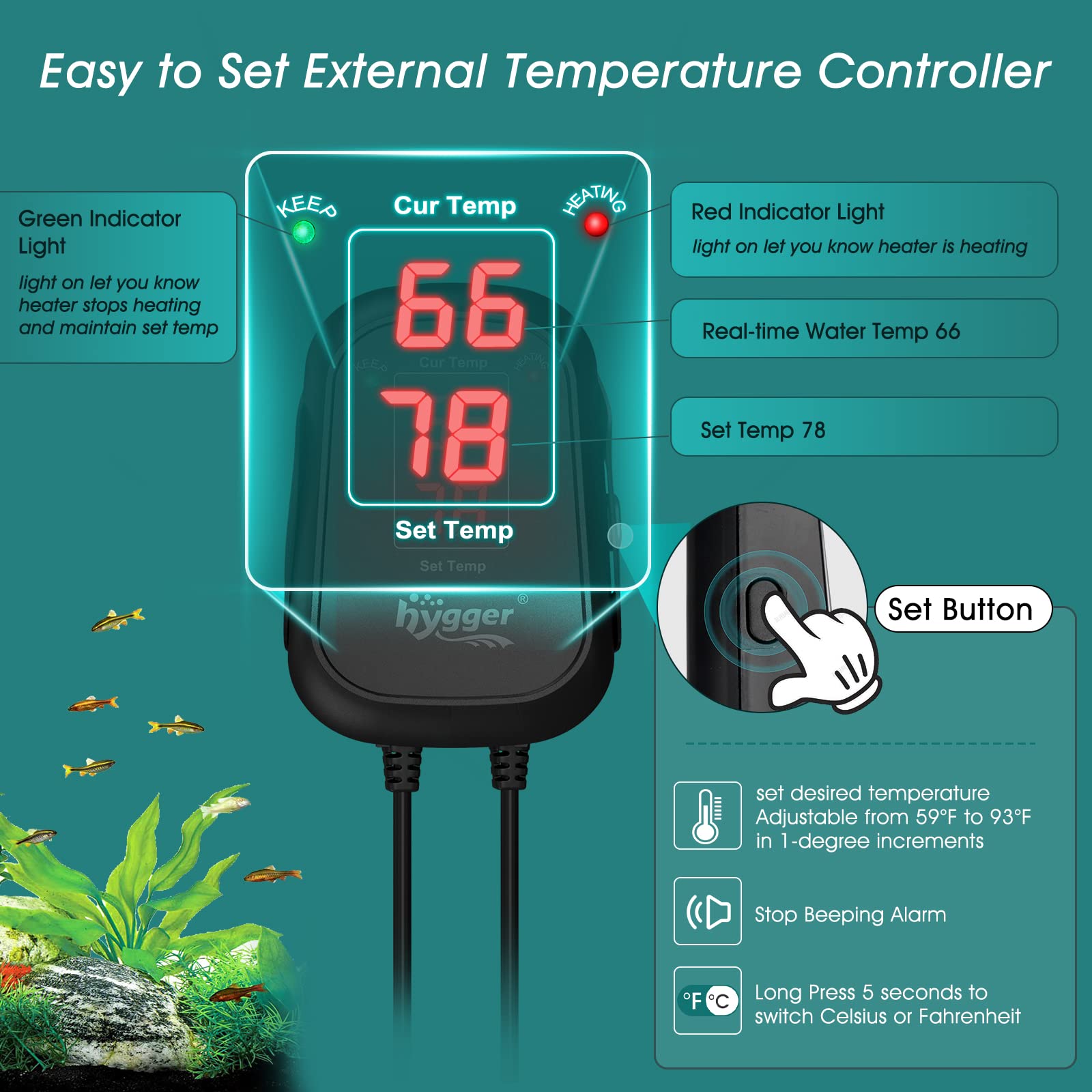 Hygger 300W Submersible Aquarium Heater with Digital Controller & Auto Shut Off - Fish Tank Heater for 40-65 Gallon Freshwater/Saltwater Reef Tanks - Perfect for Tropical Fish, Marine Life & Coral Care