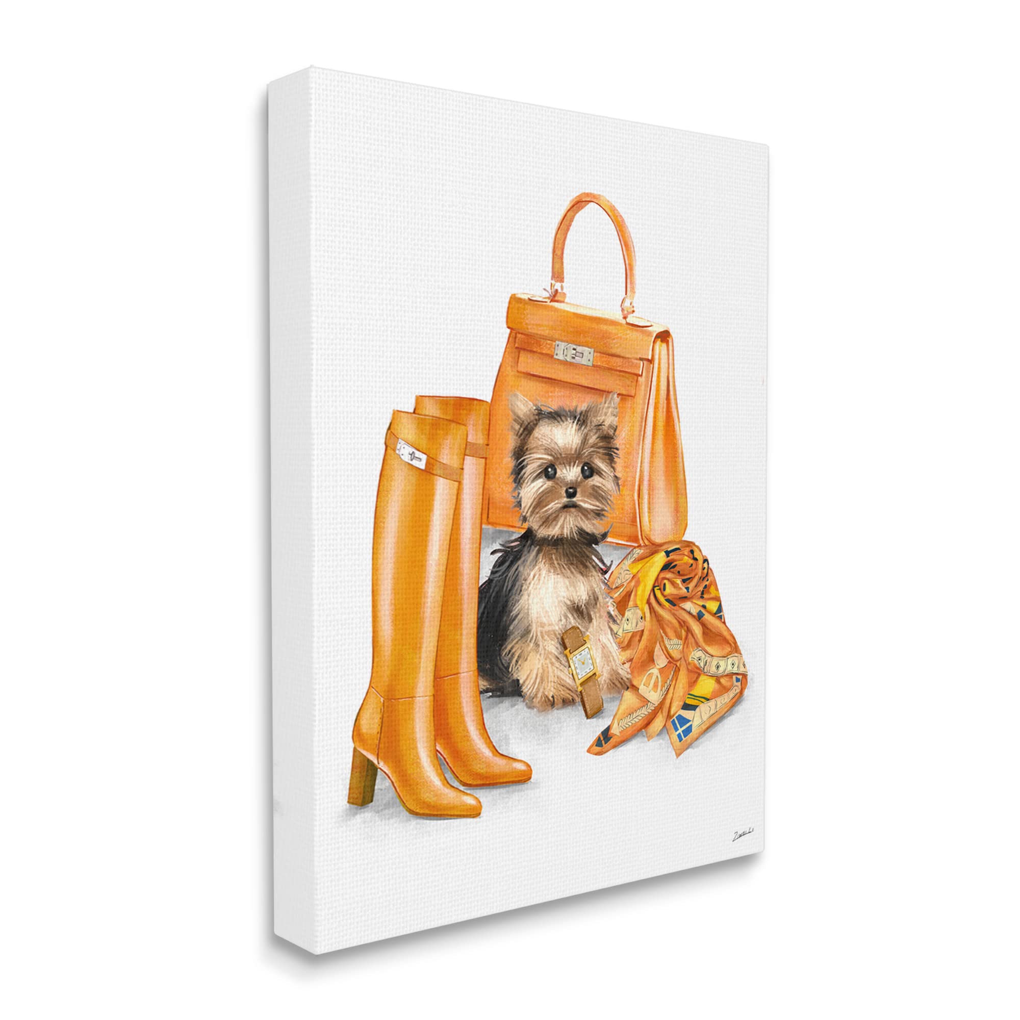 Stupell Industries Orange Yorkie Puppy Dog Fashion Purse Accessories - Cute Yorkie Design by Ziwei Li, 36x48 Inch Orange Wall Art - Perfect for Pet Lovers, Home Decor & Gift Ideas
