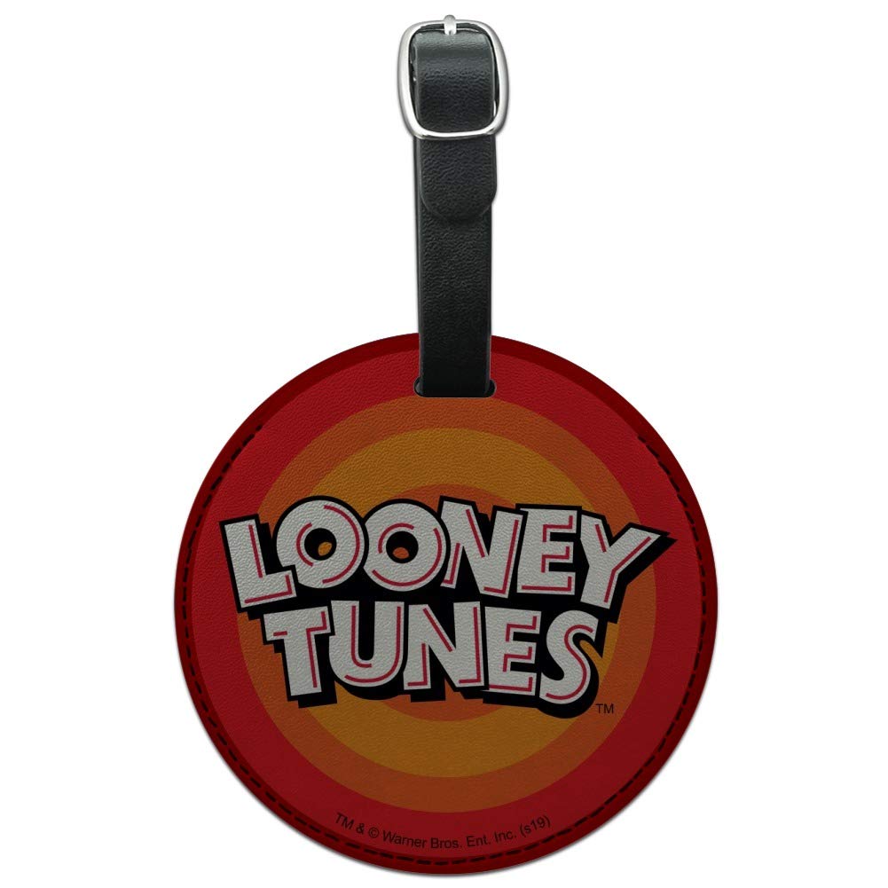 Looney Tunes Logo Round Leather Luggage Tag - Durable Suitcase ID Card Holder for Travel Carry-On Bags - Perfect for Airports, Cruise Ships & Business Trips