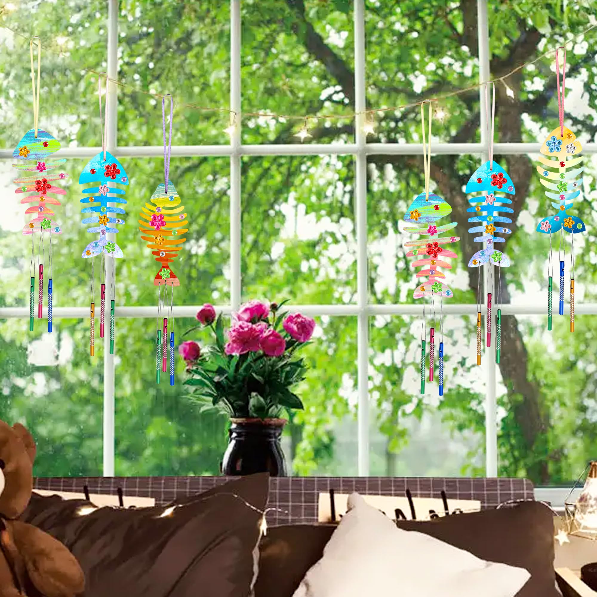 HMXPLS 12-Pack DIY Wooden Fish Bone Wind Chime Craft Kit - Painting & Decorating Activity for Kids & Adults - Perfect for Birthday Parties, Classroom Projects & Home Decoration