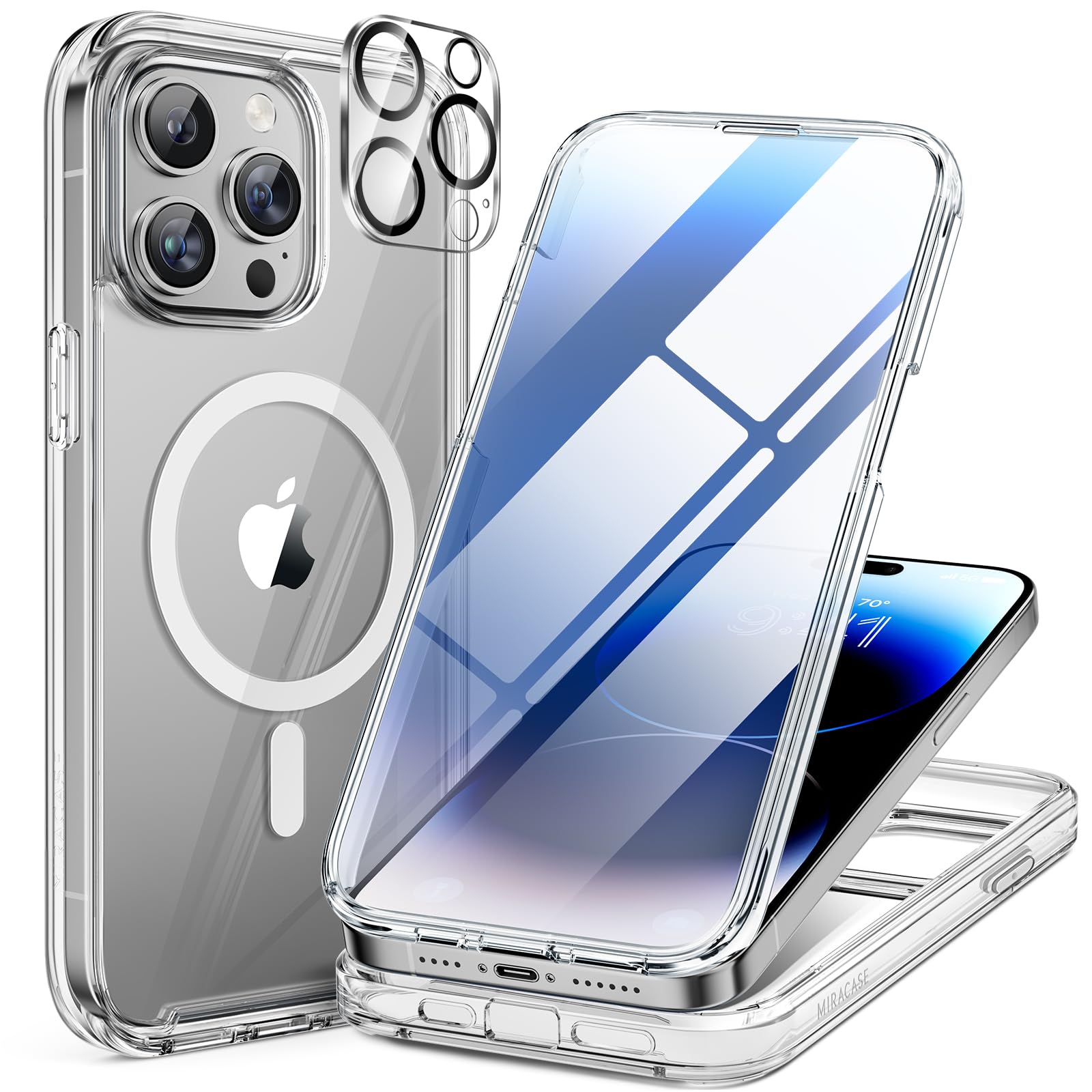 Miracase Magnetic Case for iPhone 15 Pro (6.1-Inch) - Slim Full Body Bumper Case with MagSafe Compatibility, Built-in 9H Tempered Glass Screen Protector & Camera Lens Cover - Clear Protective Phone Cover for Everyday Use, Work & Travel