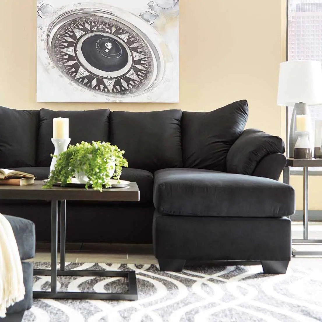Darcy Reversible Sectional Sofa Chaise Lounge - Black Linen Fabric - Modern Living Room Furniture for Small Spaces | Perfect for Apartments, Studios & Cozy Homes