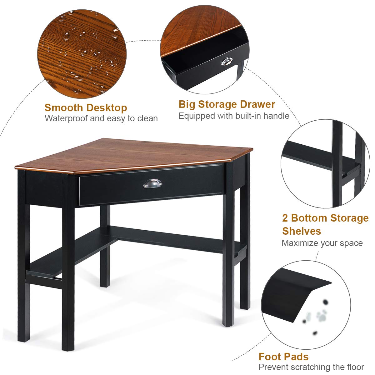 Tangkula 90-Degree Corner Desk with Drawer & Storage Shelves - Compact Computer Desk for Small Spaces, Home Office & Makeup Vanity (Coffee & Black) - Perfect for Apartments, Dorms & Workspaces